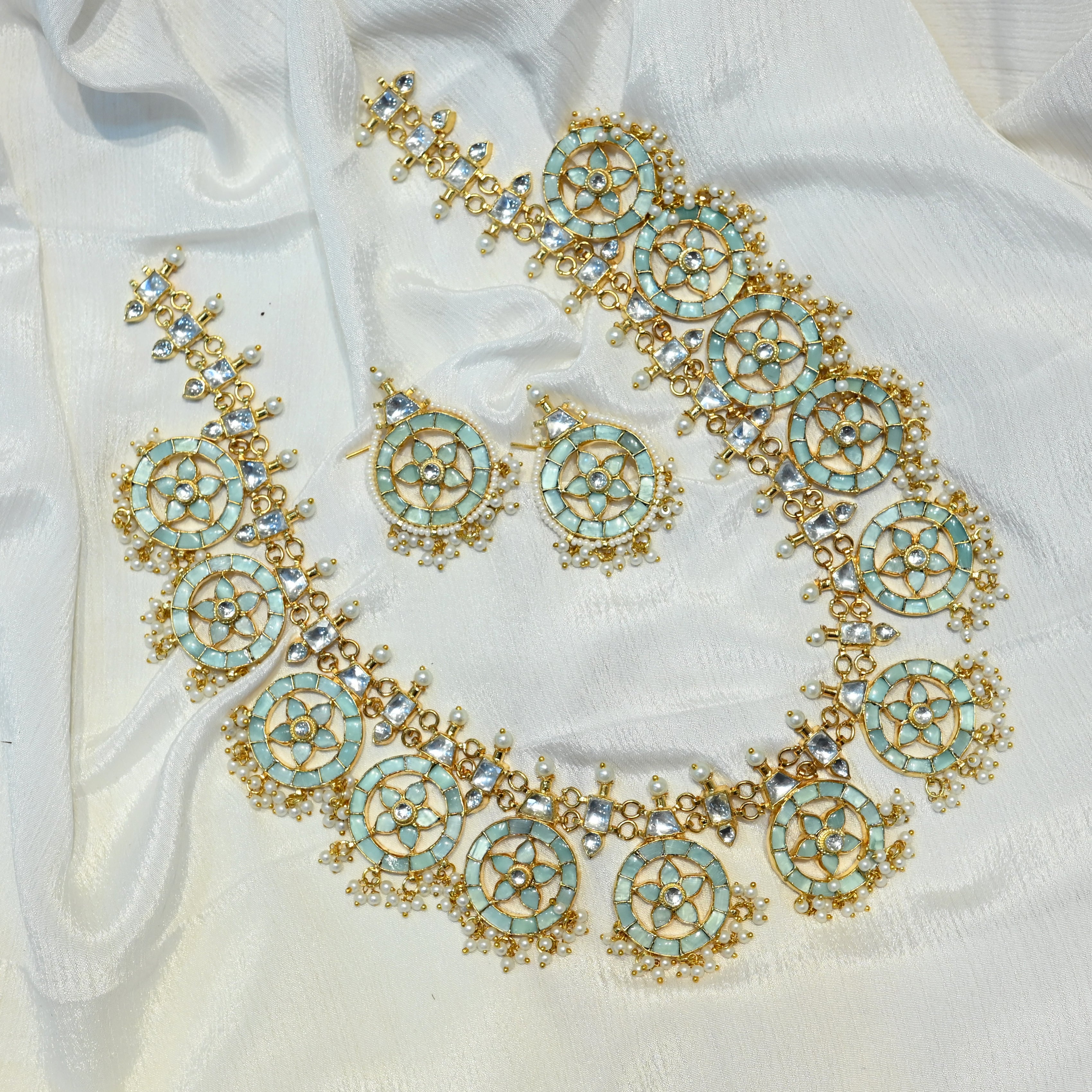 SJN1110- Blue Colour Gold Plated Jadau Kundan Necklace With Earrings