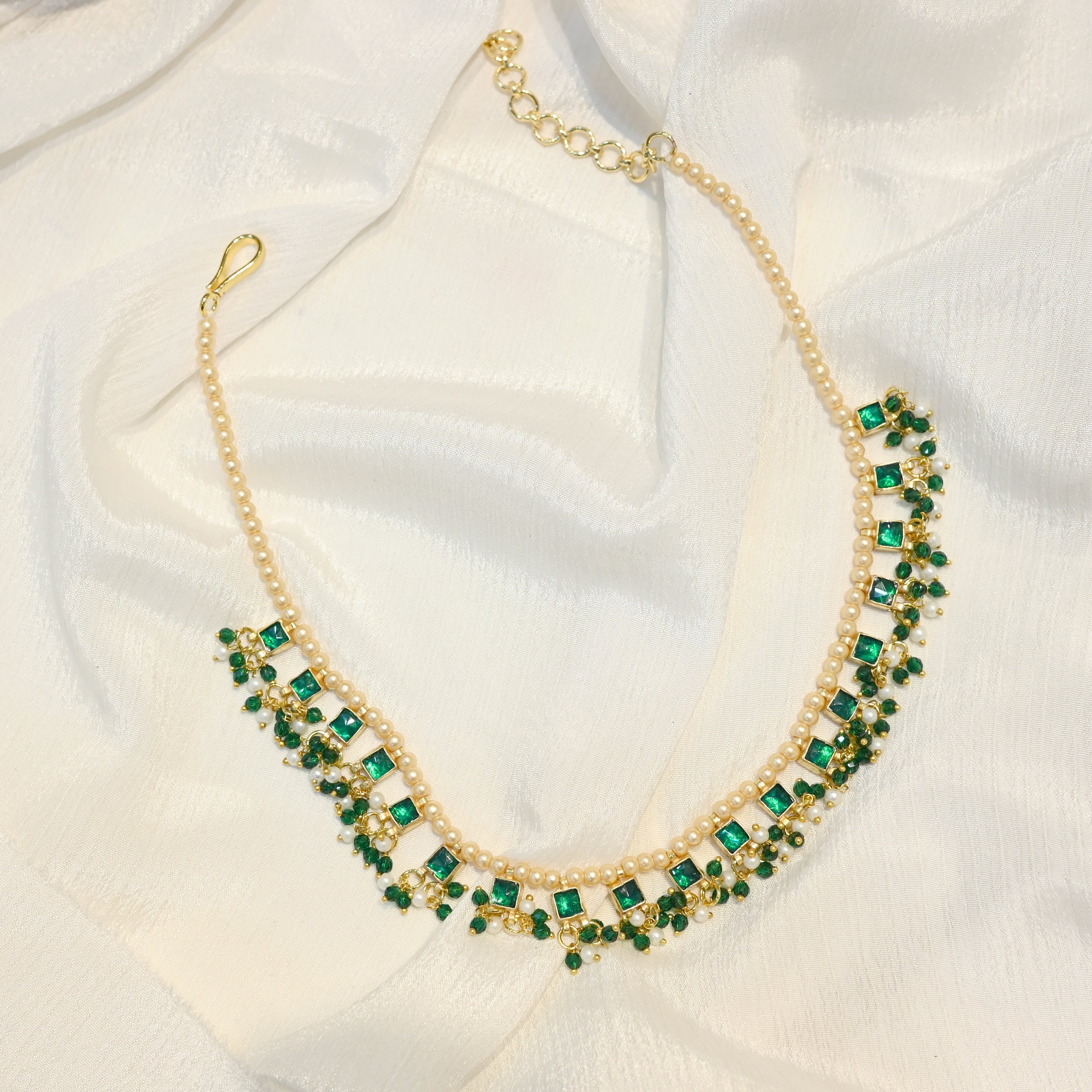 SJN1020- White and Green Colour Gold Plated Jadau Kundan Necklace with Earrings