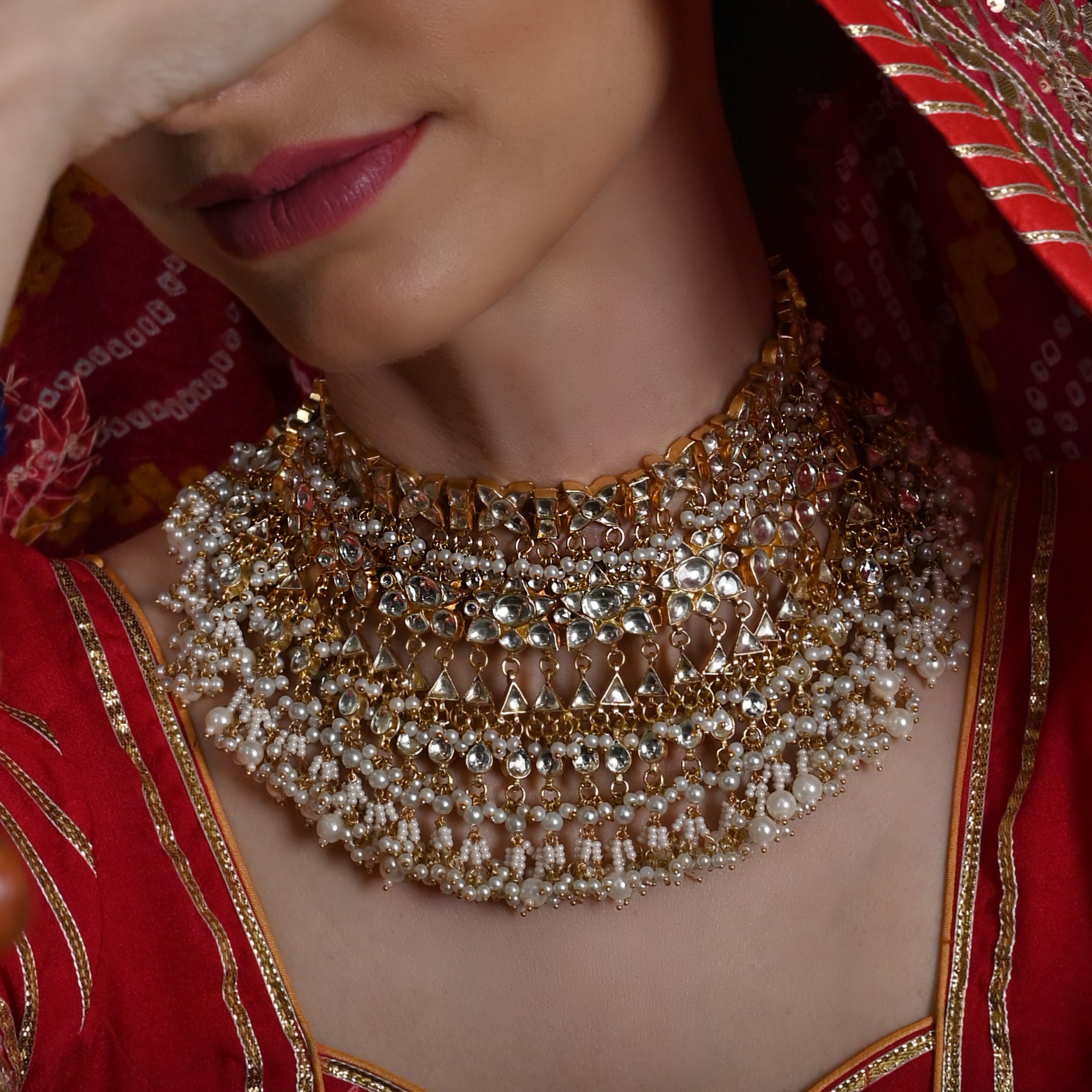 SJN1113- White Colour Gold Plated Jadau Kundan Choker Necklace With Earrings and Tika