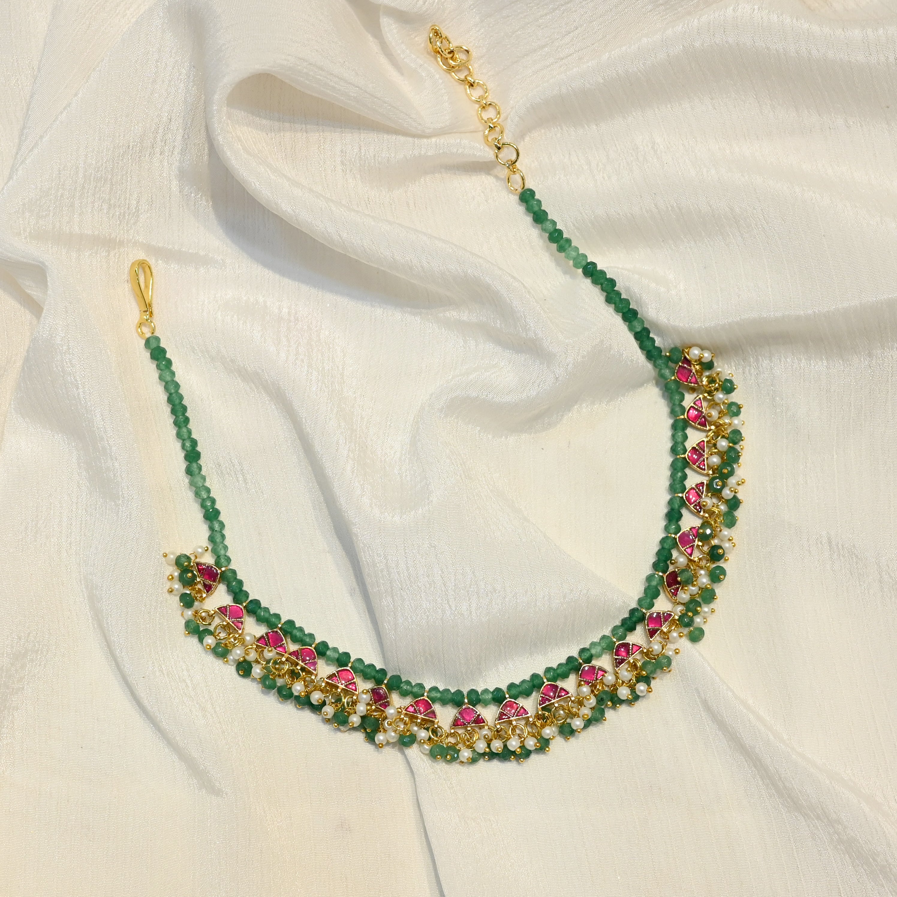 SJN1015- Green and Pink Colour Gold Plated Jadau Kundan Necklace with Earrings