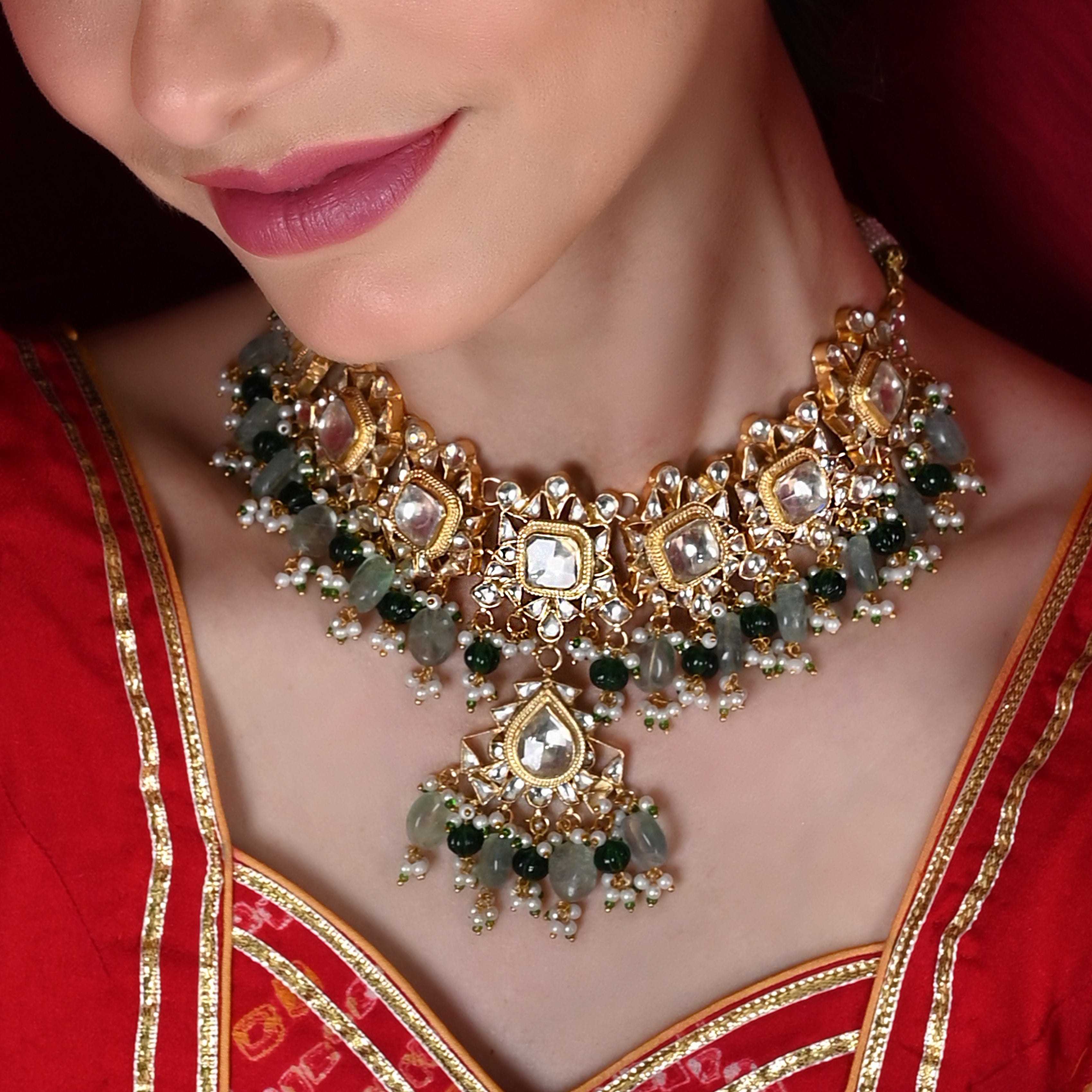 SJN1114- Green and White Colour Gold Plated Jadau Kundan Necklace With Earrings