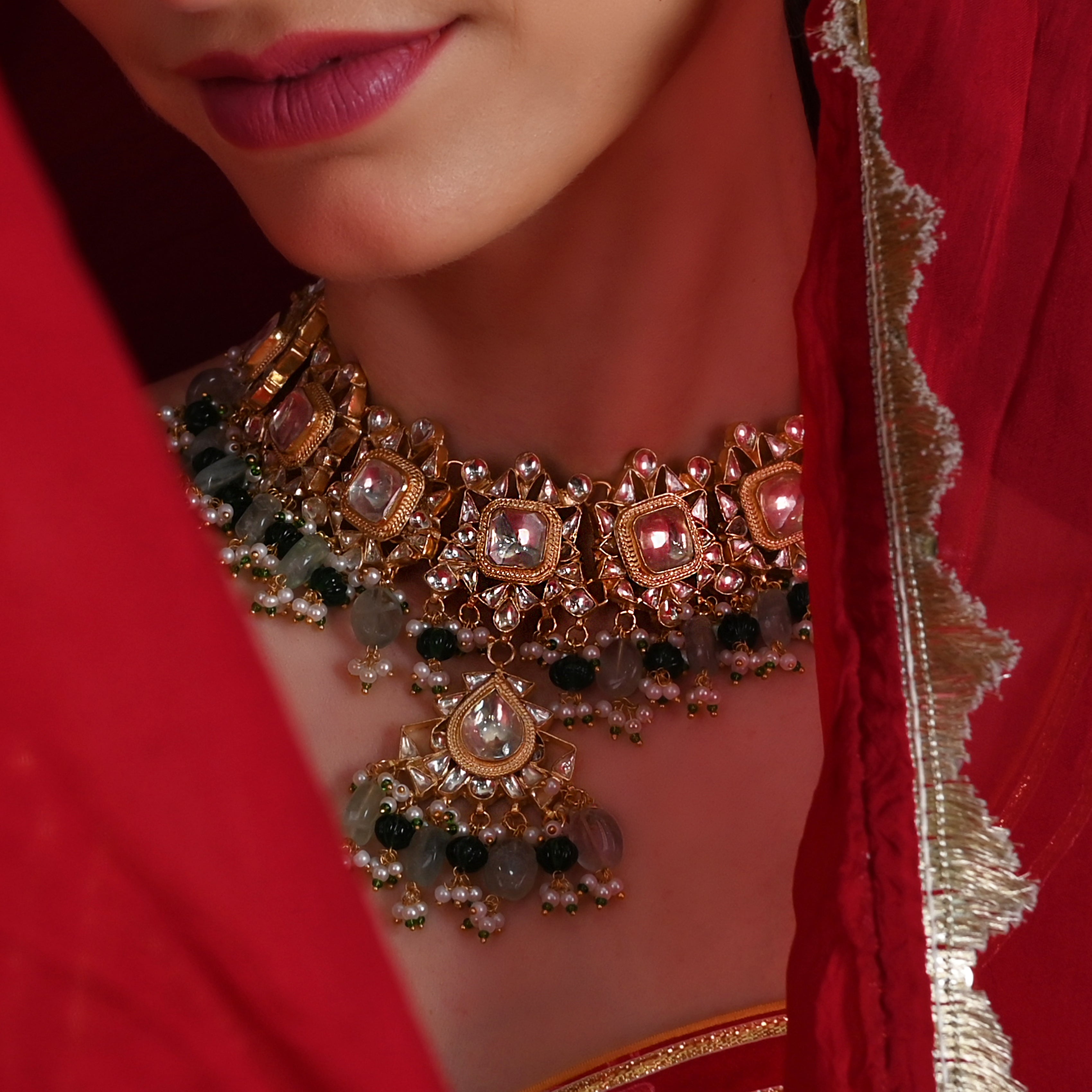 SJN1114- Green and White Colour Gold Plated Jadau Kundan Necklace With Earrings