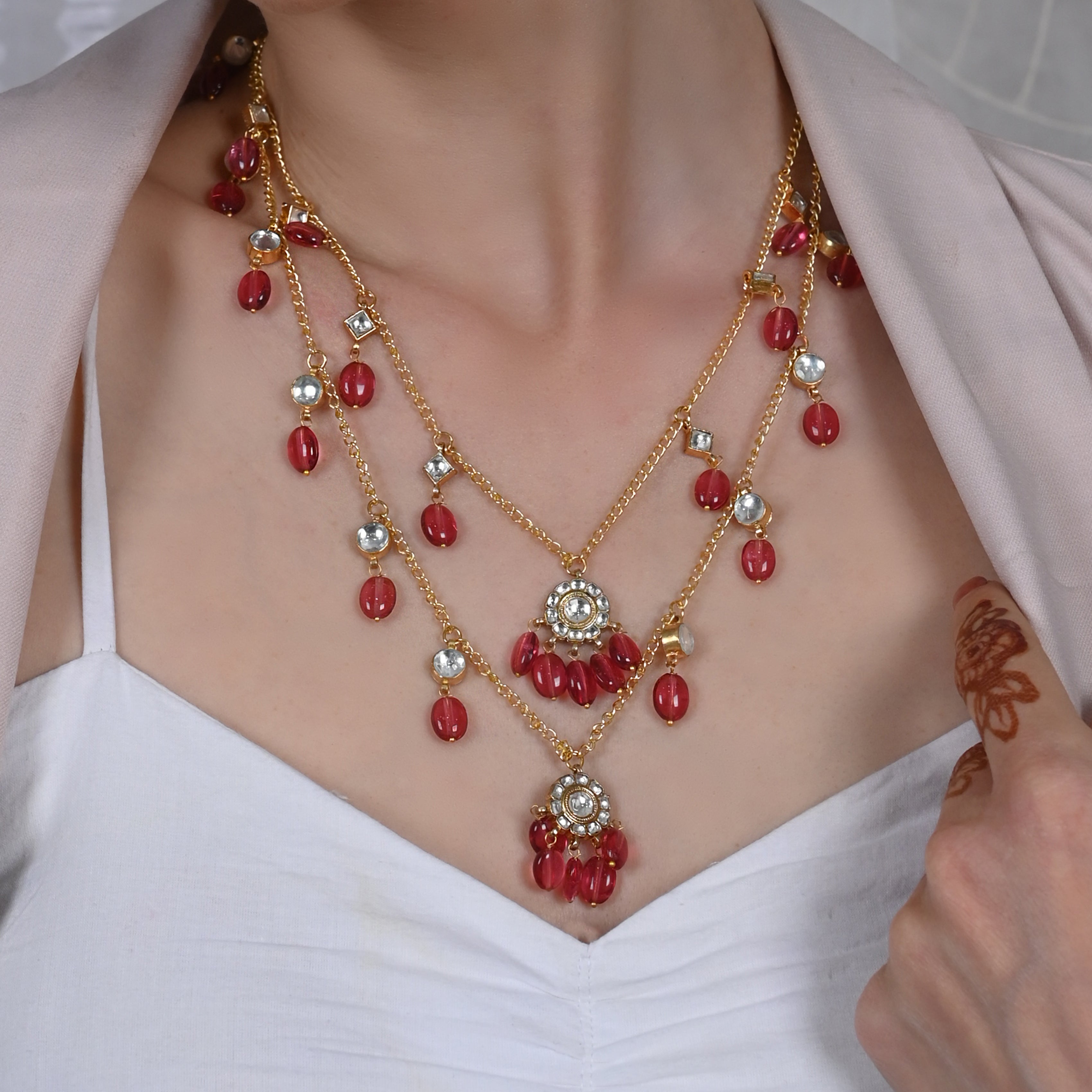SJN1104- White and Pink Colour Gold Plated Jadau Kundan Double Layer Pendant