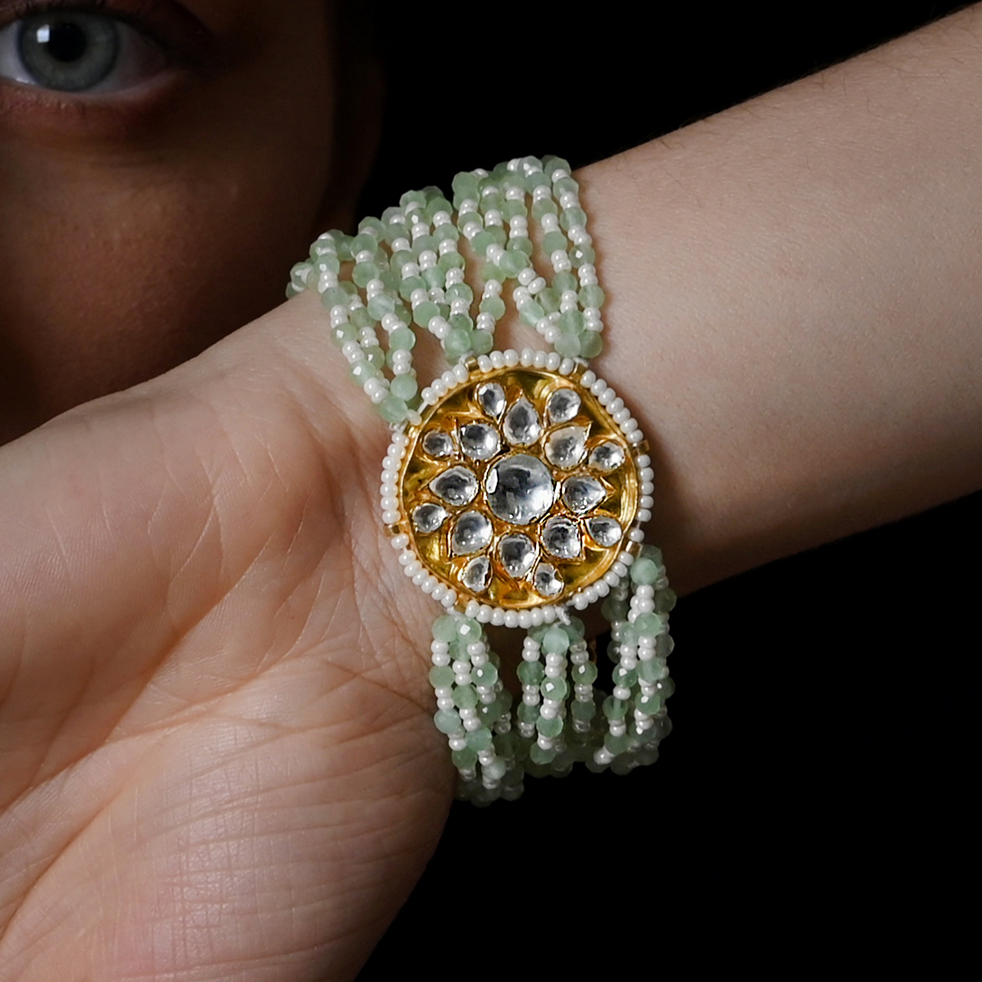 SJRB1044- White and Mint Colour Gold Plated Jadau Kundan Bracelet