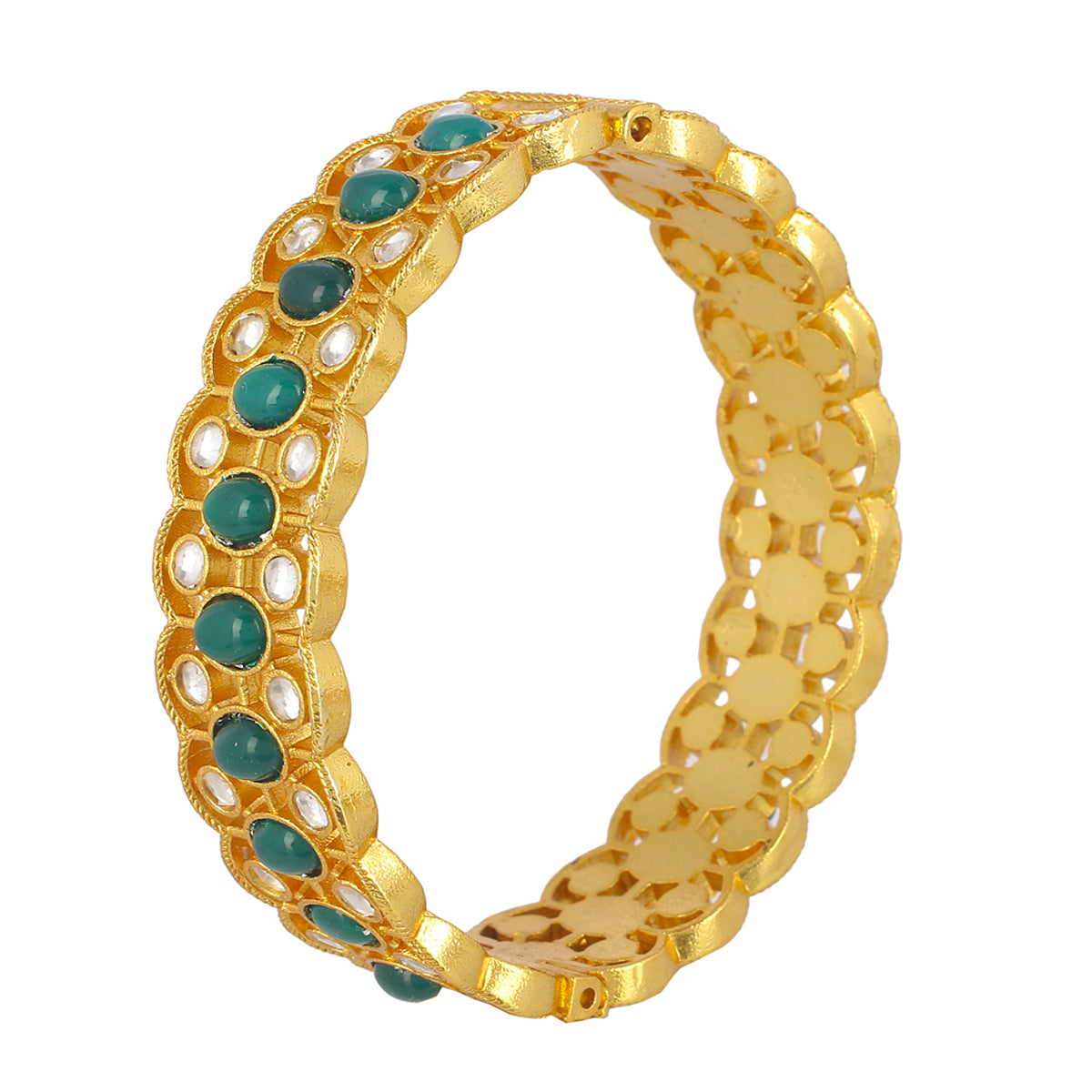 SJB1016- Green and White Colour Gold Plated Jadau Kundan Bangle