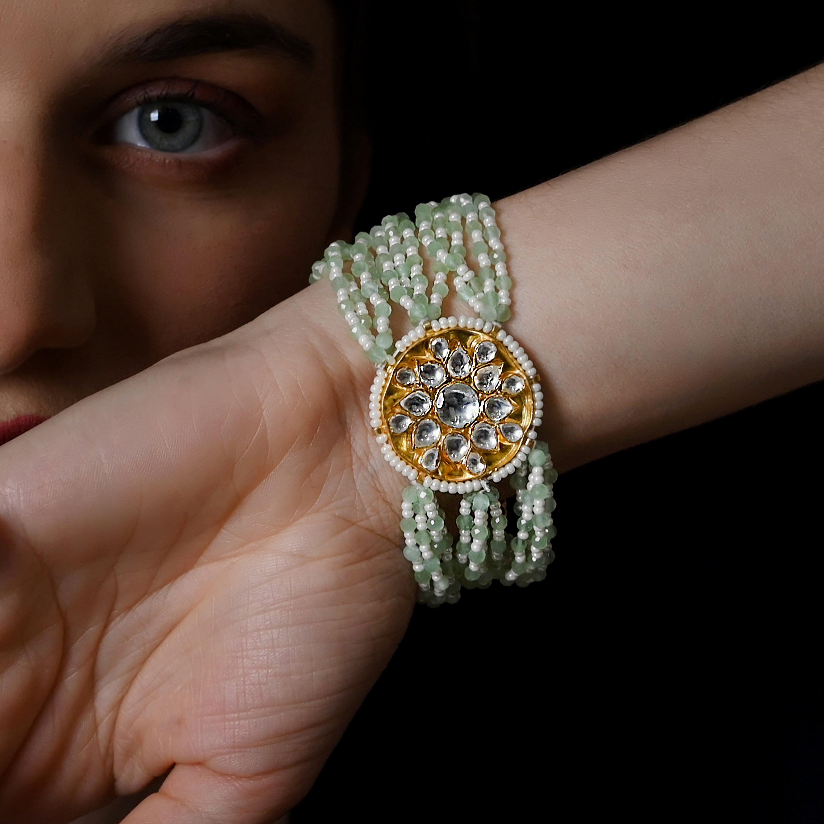 SJRB1044- White and Mint Colour Gold Plated Jadau Kundan Bracelet