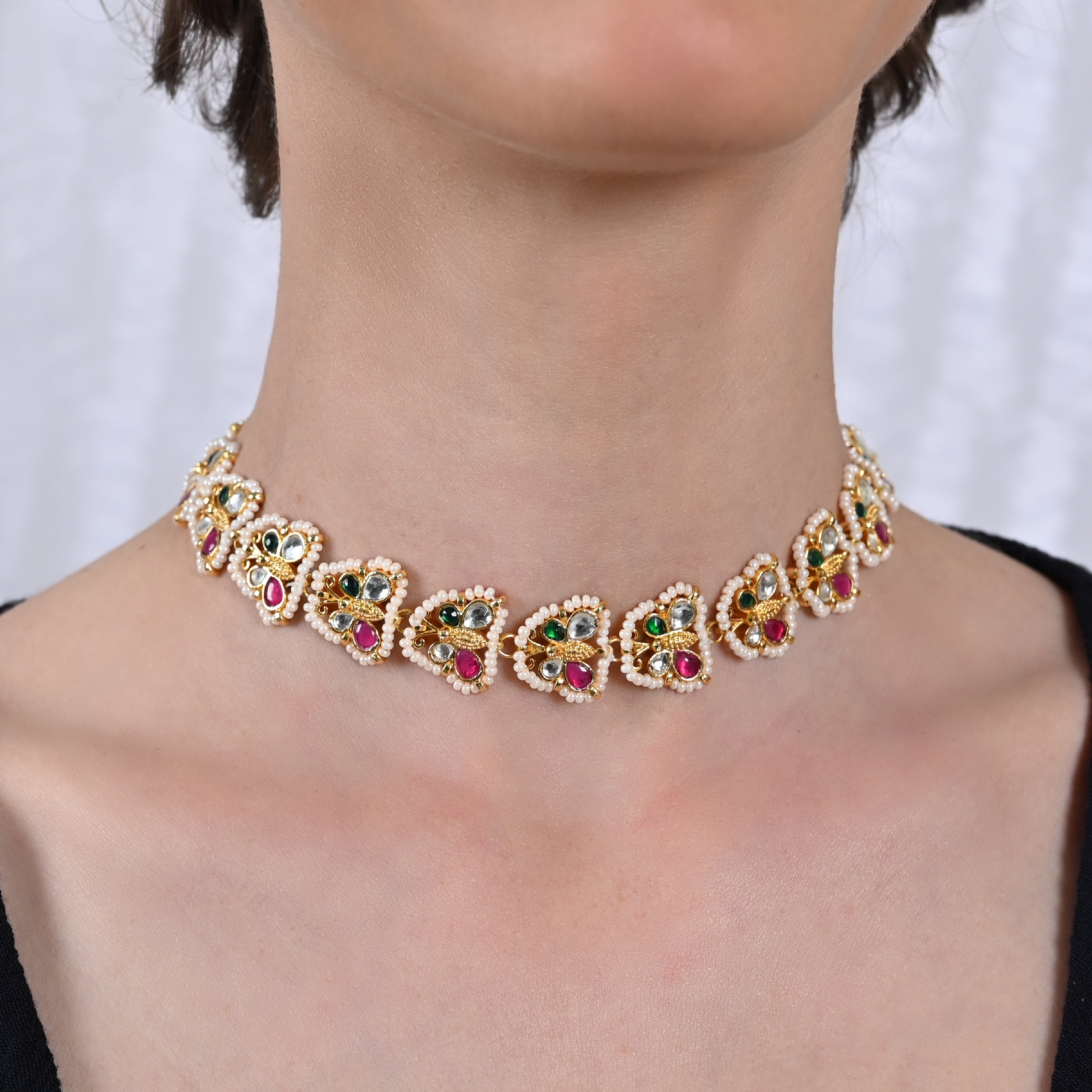 SJN1028- Multi Colour Gold Plated Jadau Kundan Butterfly Motif Choker