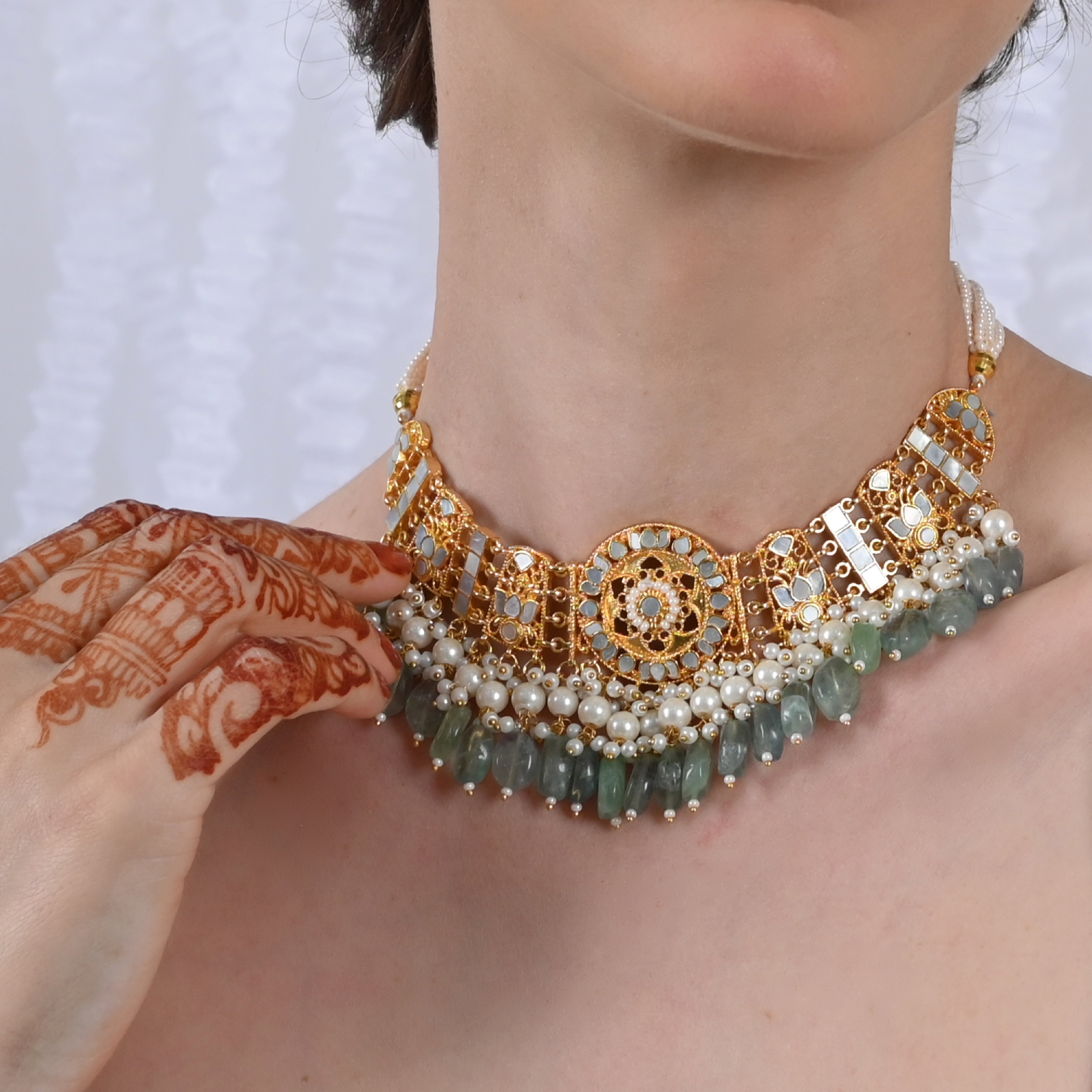 SJN1022- White Colour Gold Plated Mother of Pearl Choker with Earrings
