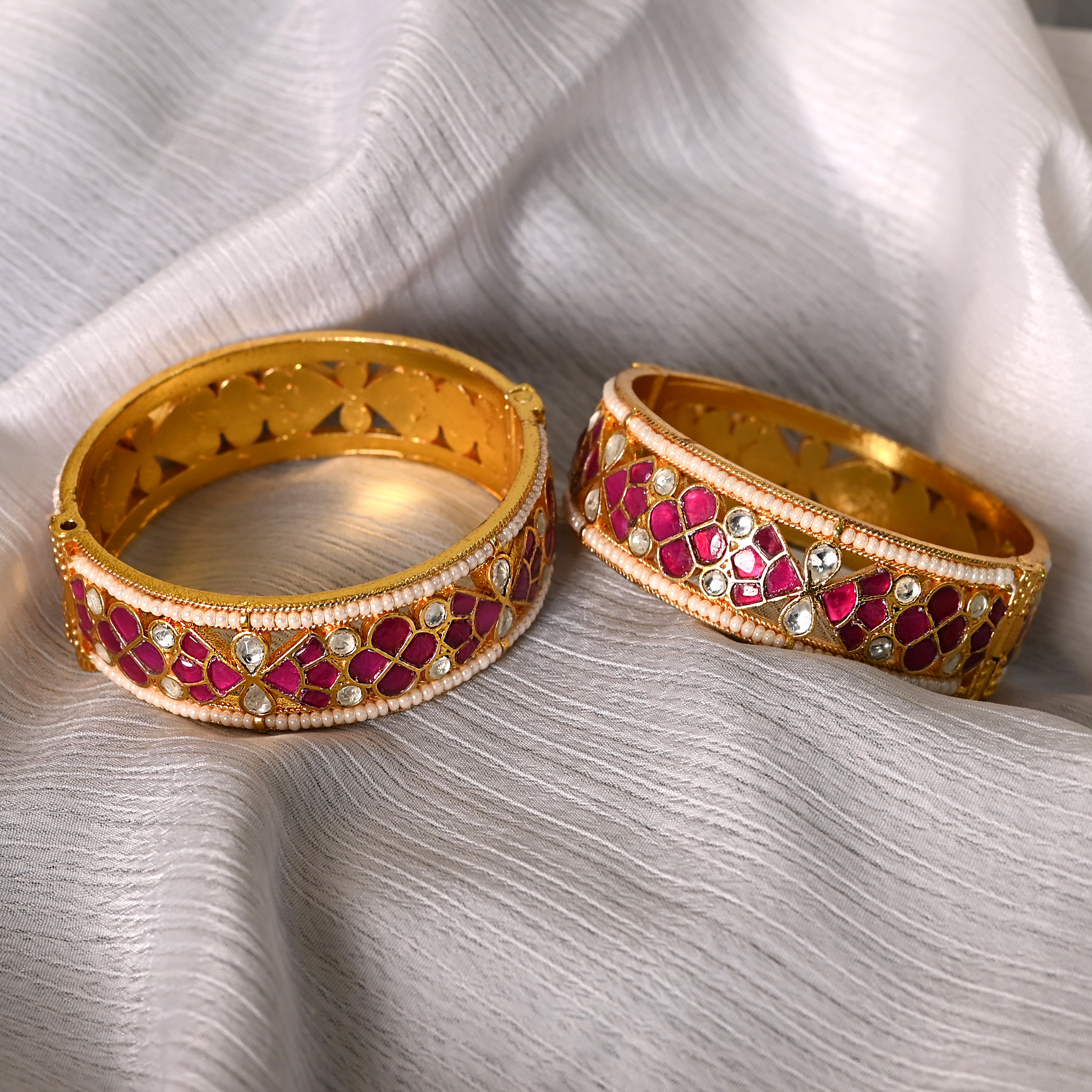 SJB1004- Pink and White Colour Gold Plated Jadau Kundan Bangle