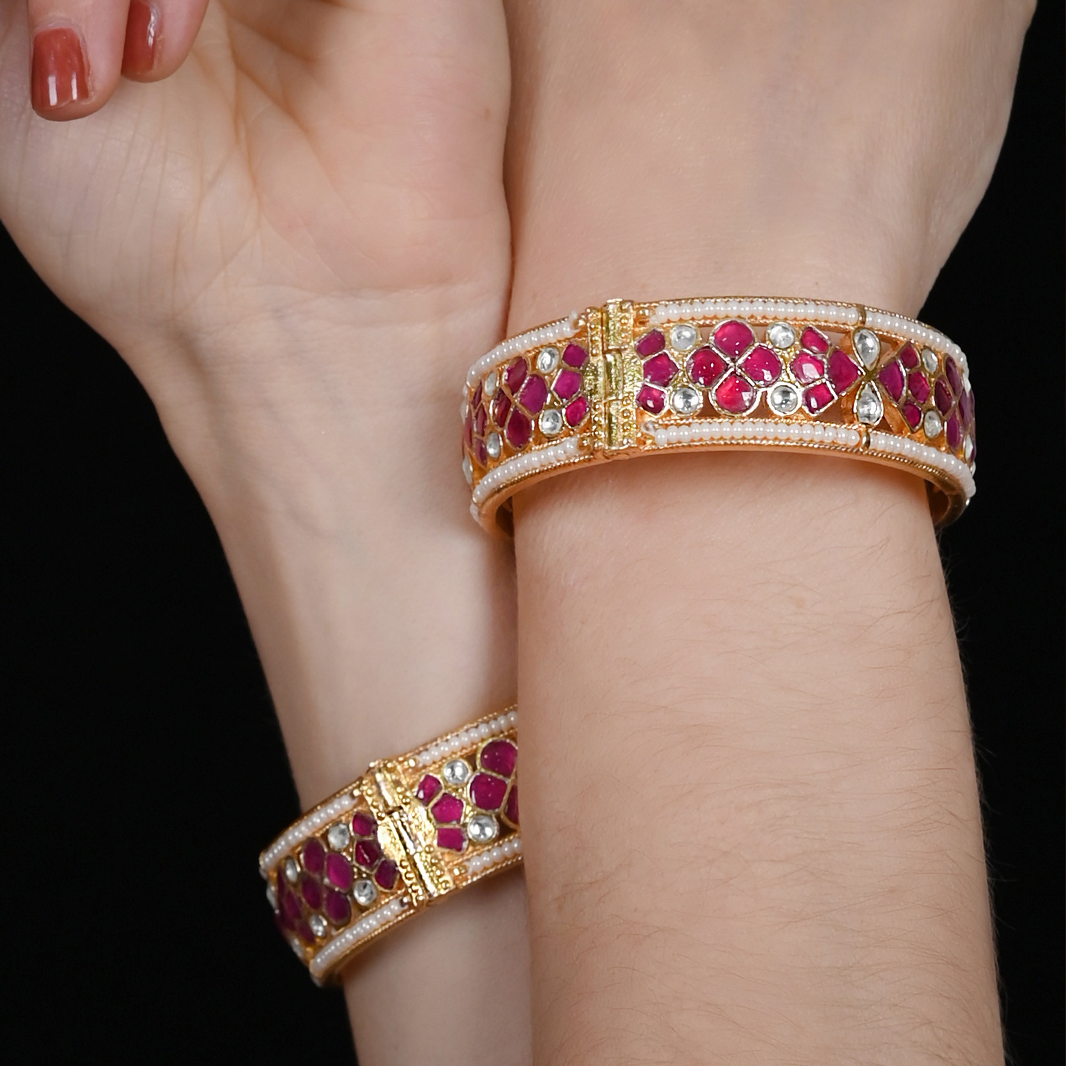 SJB1004- Pink and White Colour Gold Plated Jadau Kundan Bangle