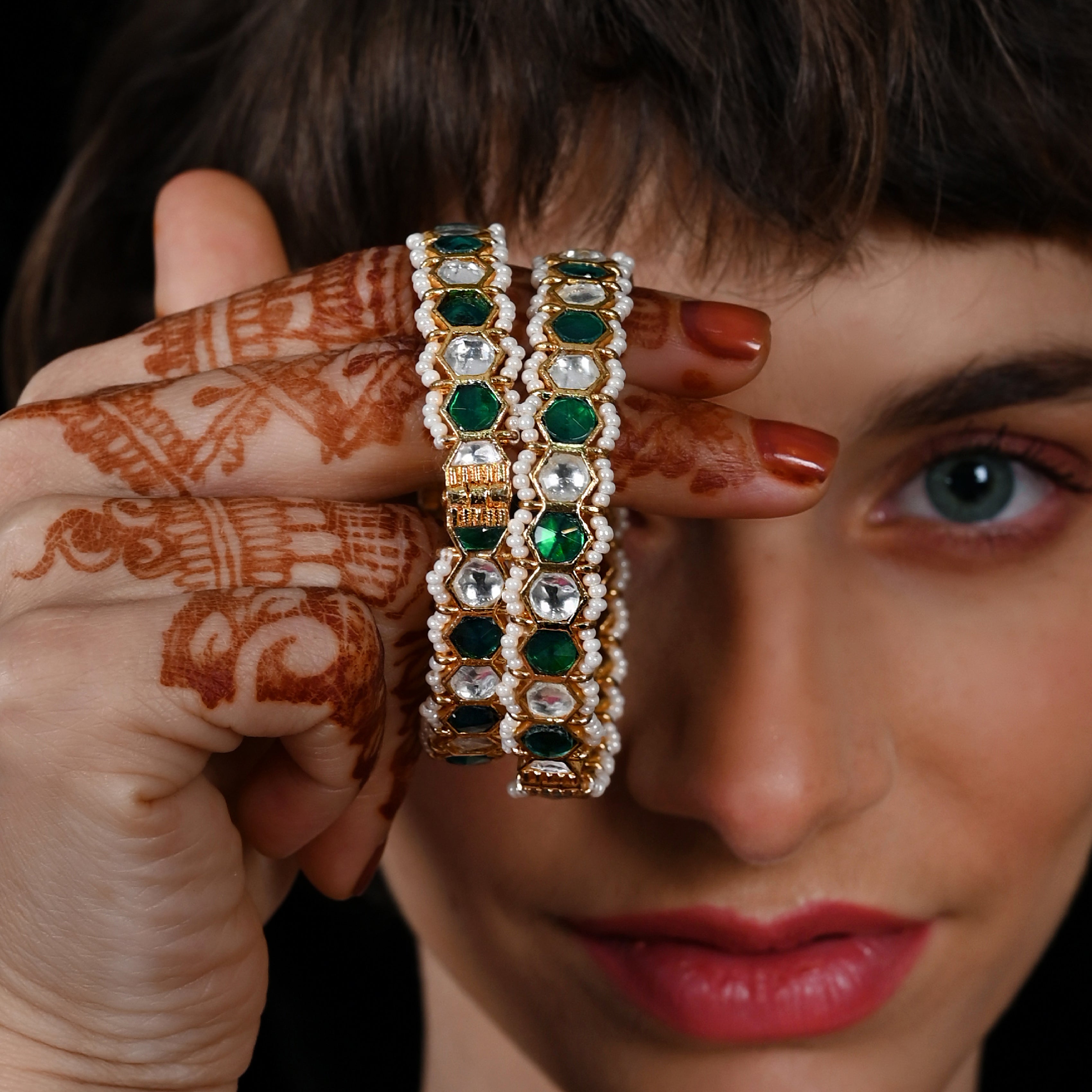 SJB1015- Green Colour Gold Plated Jadau Kundan Bangle