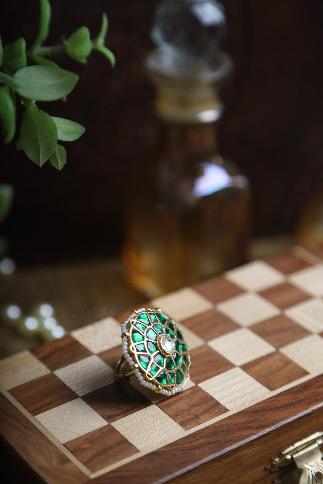 SJR0008- Green Colour Gold Plated Jadau Kundan Ring