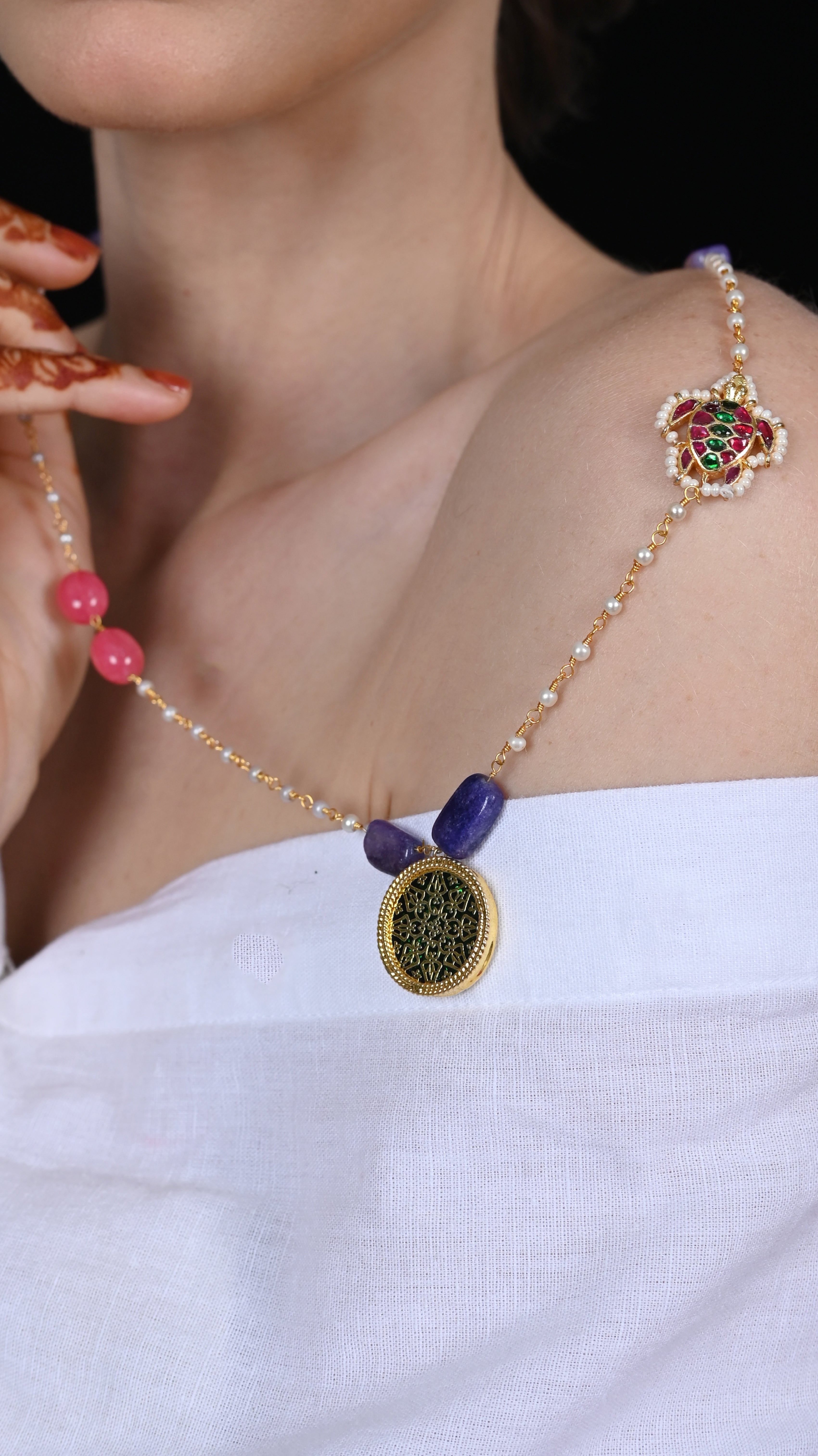 SJN1095- Multi Colour Gold Plated Jadau Kundan Pendant