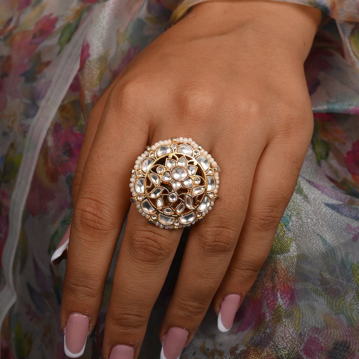 SJR0009- White Colour Gold Plated Jadau Kundan Ring
