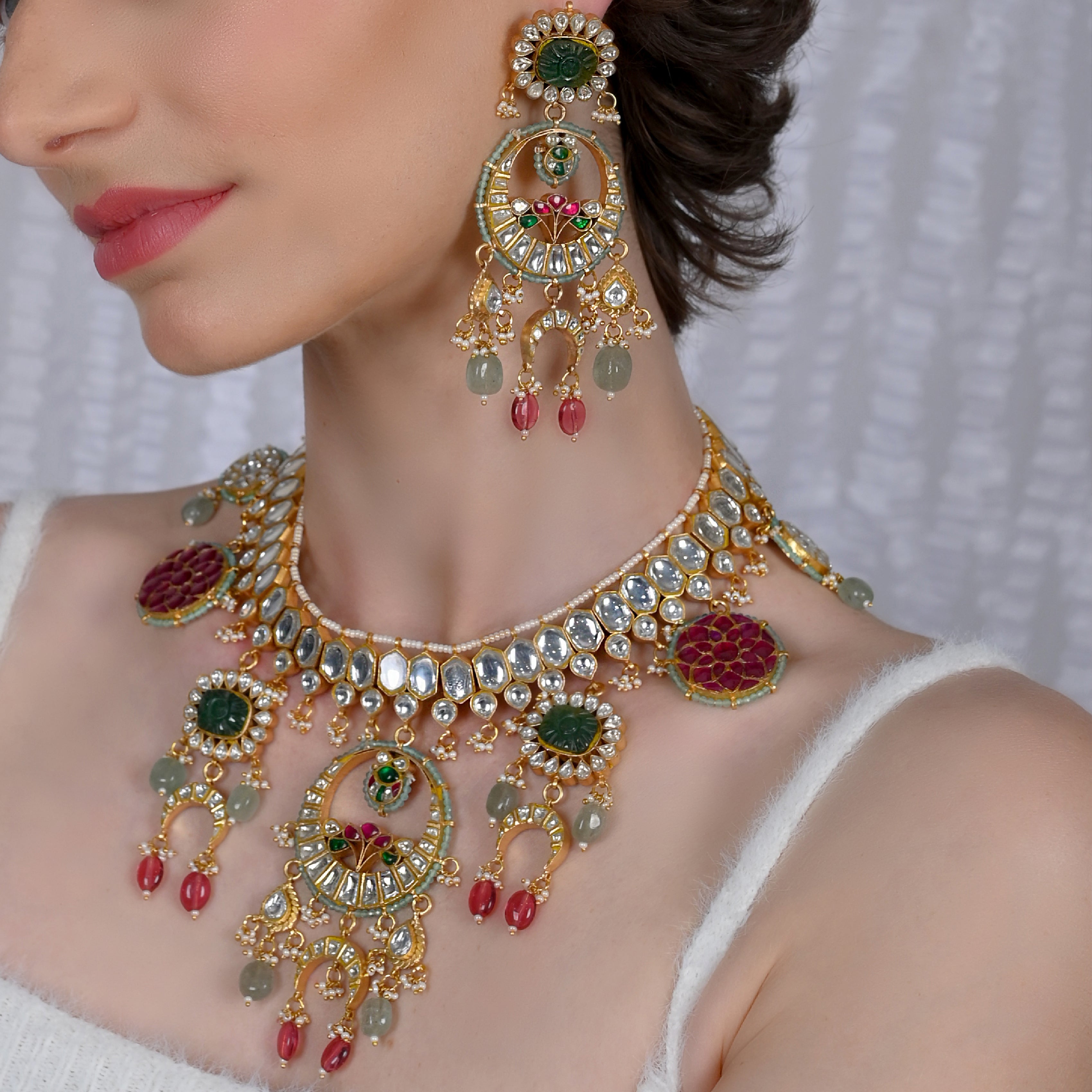 SJN1035- Multi Colour Gold Plated Jadau Kundan Necklace with Earrings