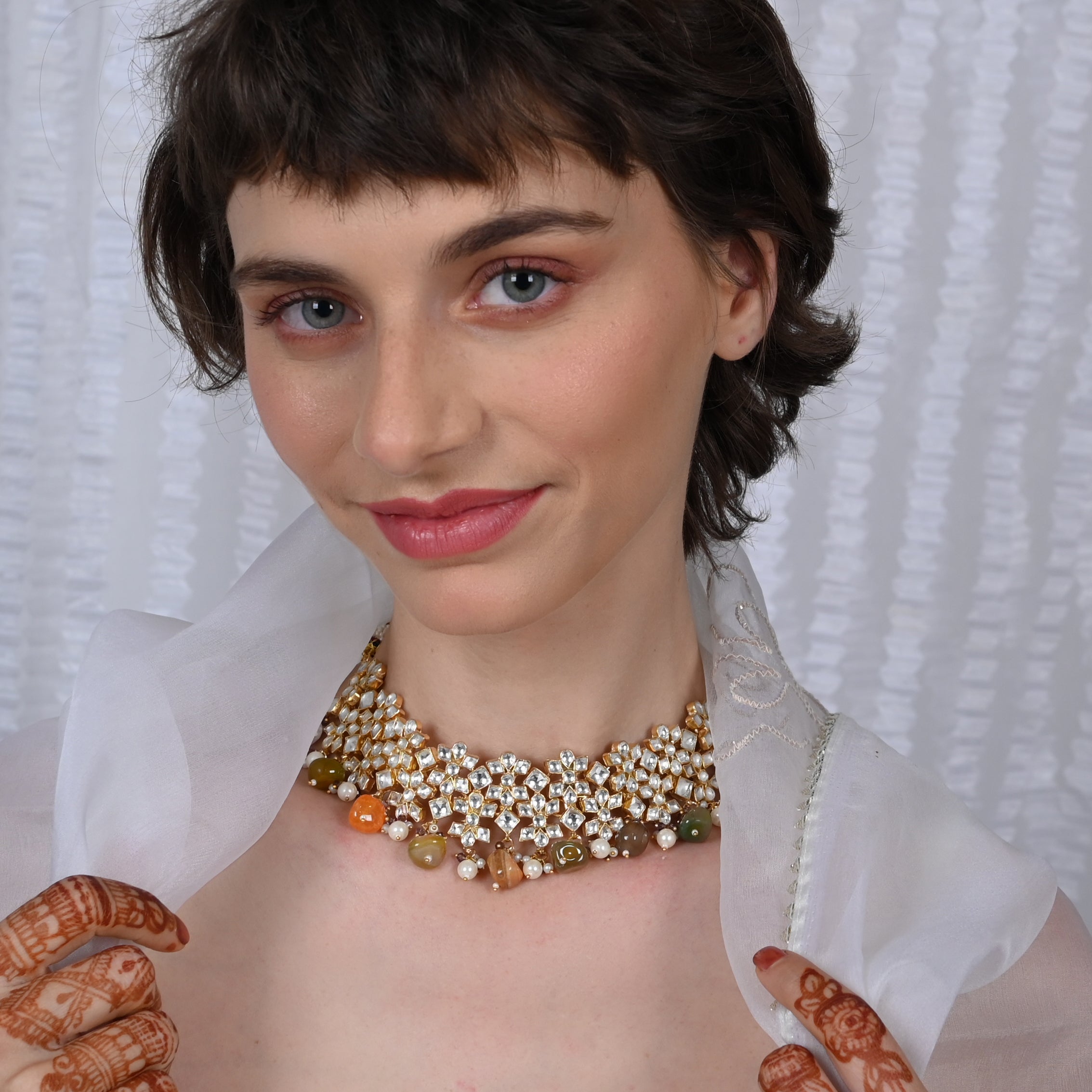 SJN1037- White Colour Gold Plated Jadau Kundan Necklace with Earrings