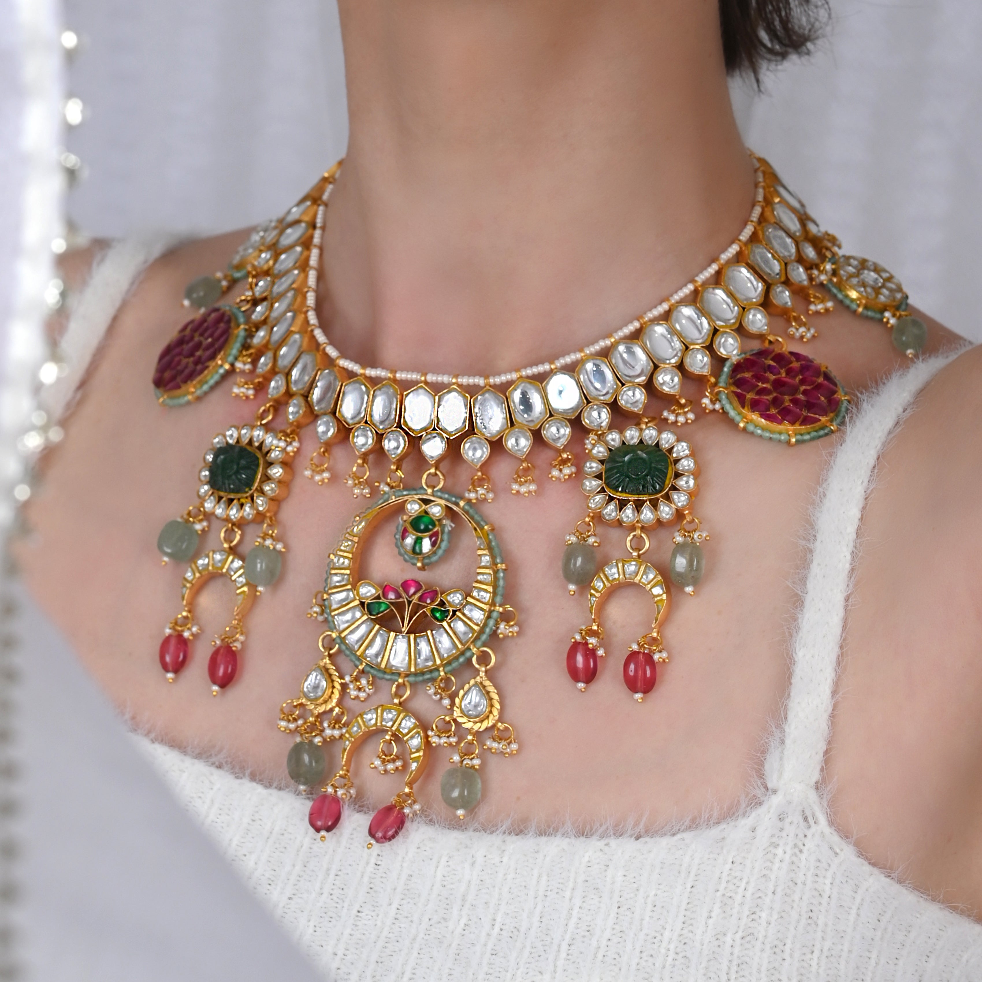 SJN1035- Multi Colour Gold Plated Jadau Kundan Necklace with Earrings