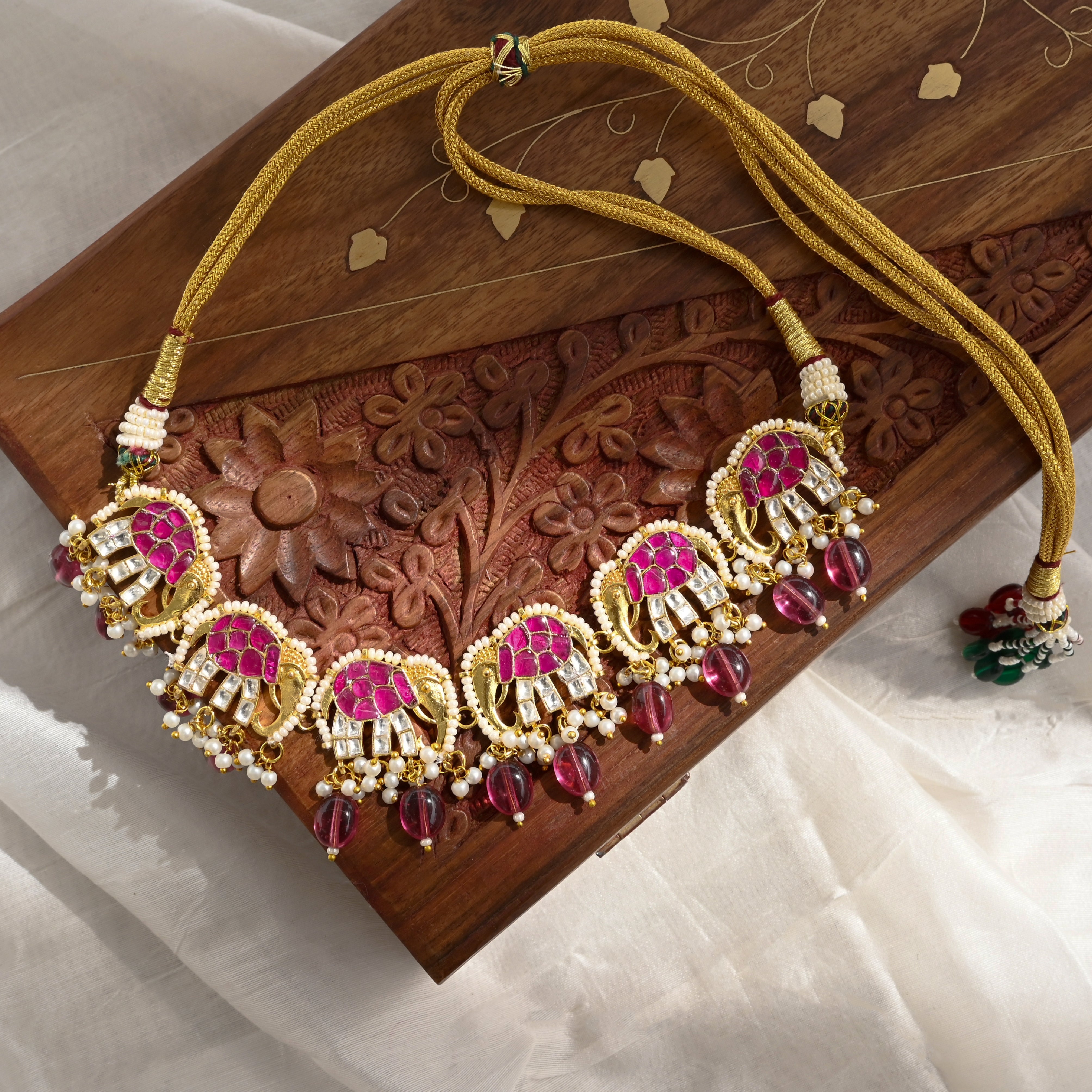 SJN1041- Pink and White Colour Gold Plated Jadau Kundan Elephant Motif Choker