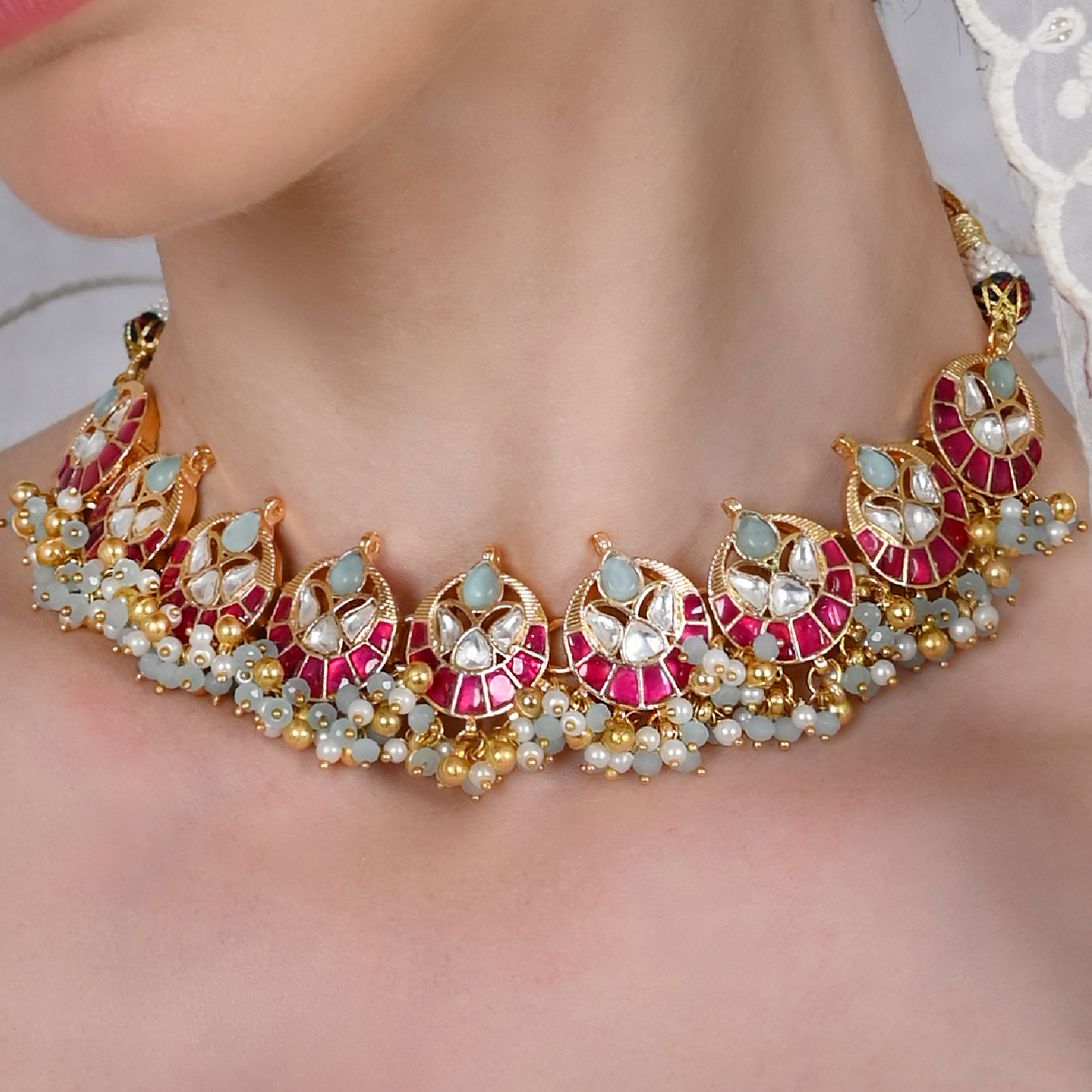 SJN1036- Multi Colour Gold Plated Jadau Kundna Necklace with Earrings