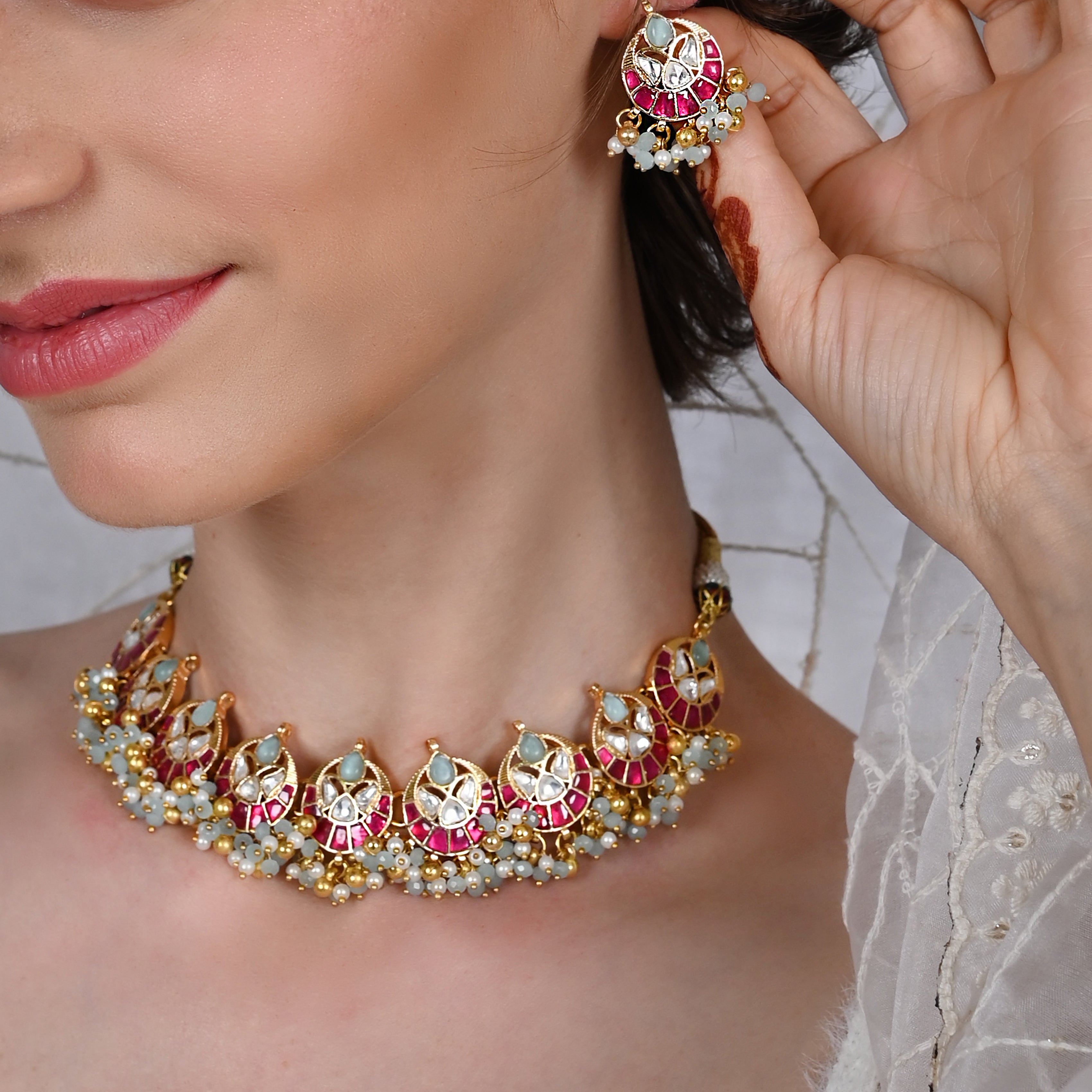 SJN1036- Multi Colour Gold Plated Jadau Kundna Necklace with Earrings