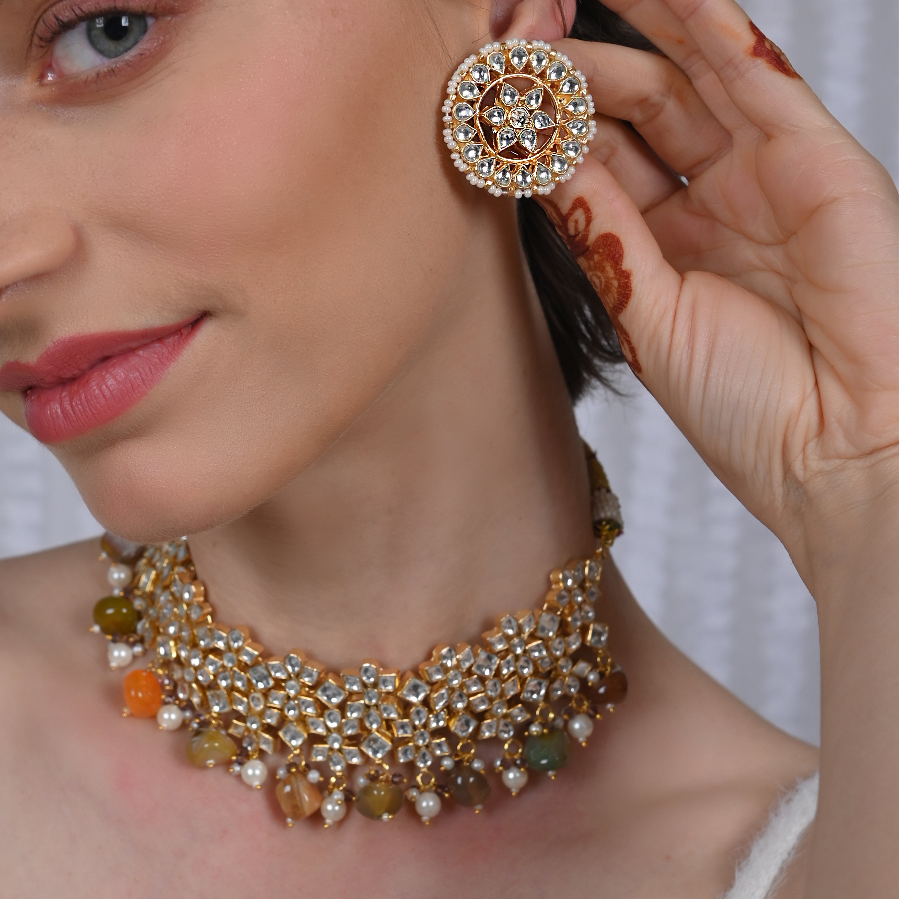 SJN1037- White Colour Gold Plated Jadau Kundan Necklace with Earrings
