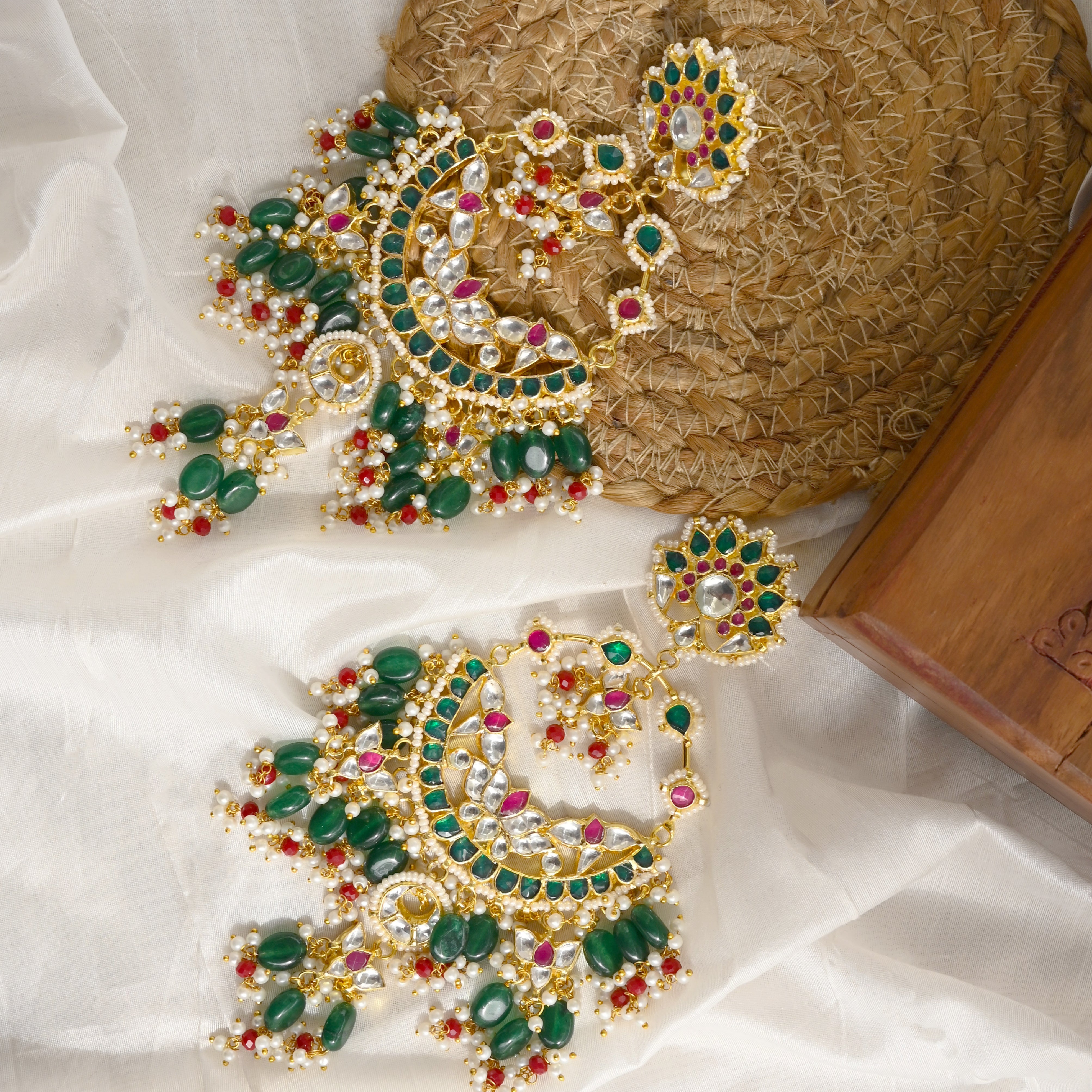 SJE1044- Multi Colour Gold Plated Jadau Kundan Chandbali Earrings