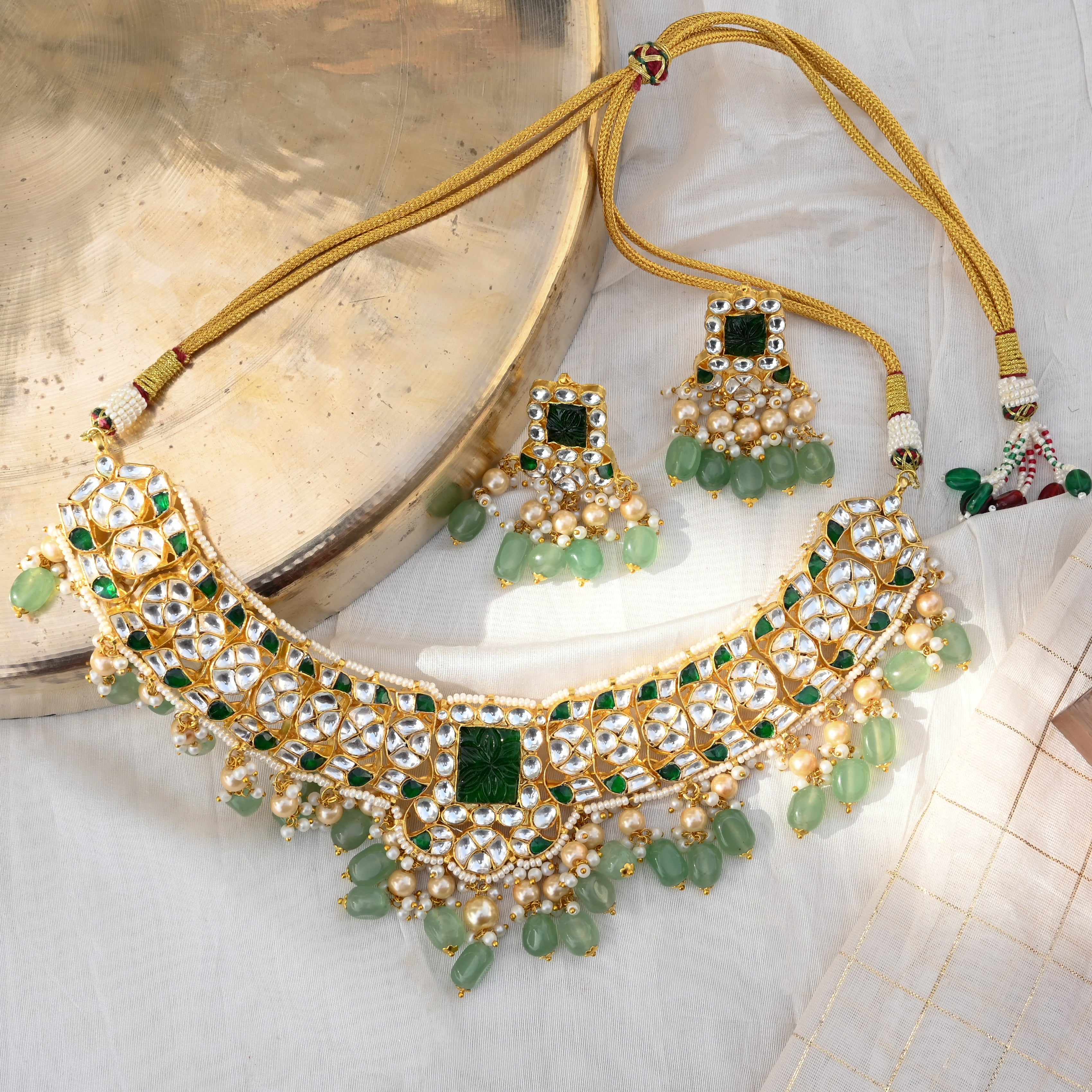 SJN1052- White and Green Colour Gold Plated Jadau Kundan Necklace with Earrings