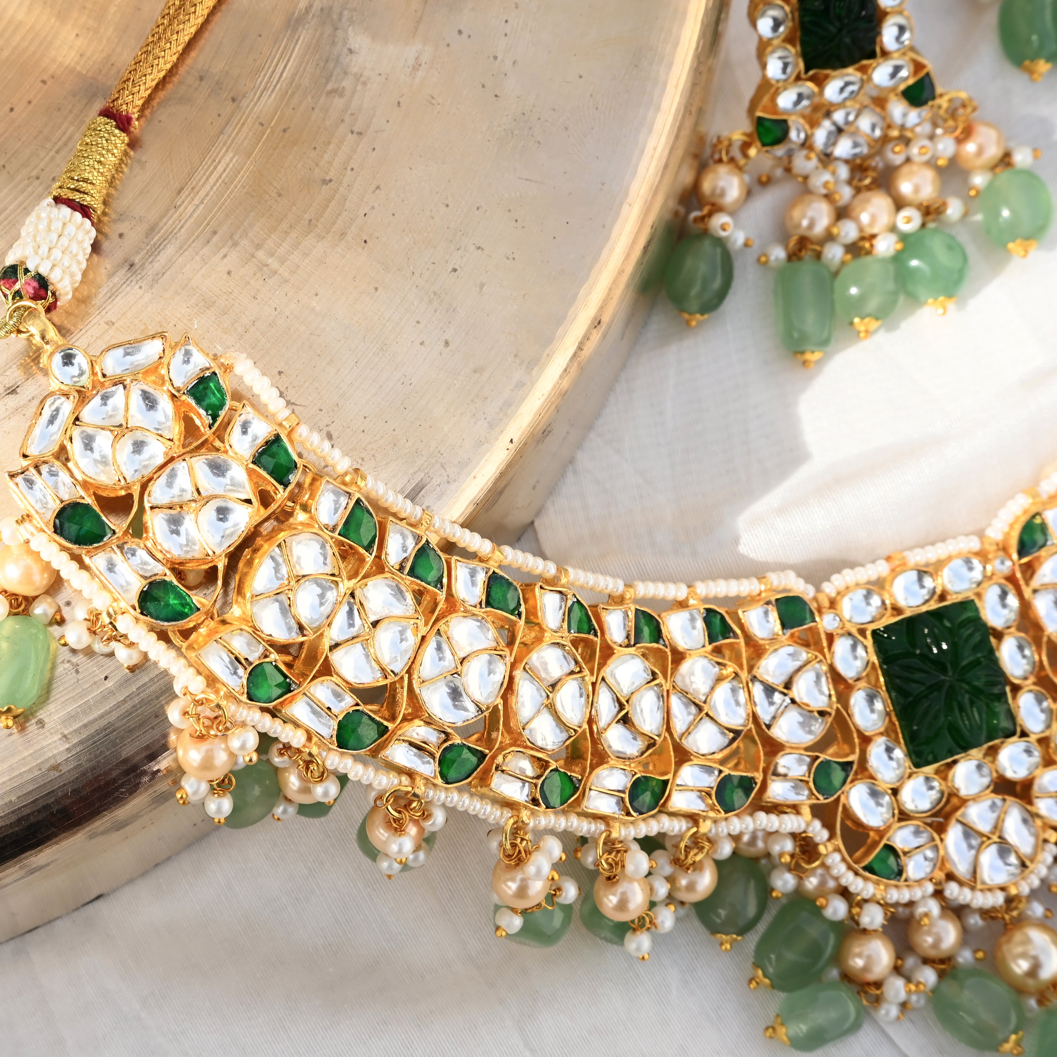 SJN1052- White and Green Colour Gold Plated Jadau Kundan Necklace with Earrings