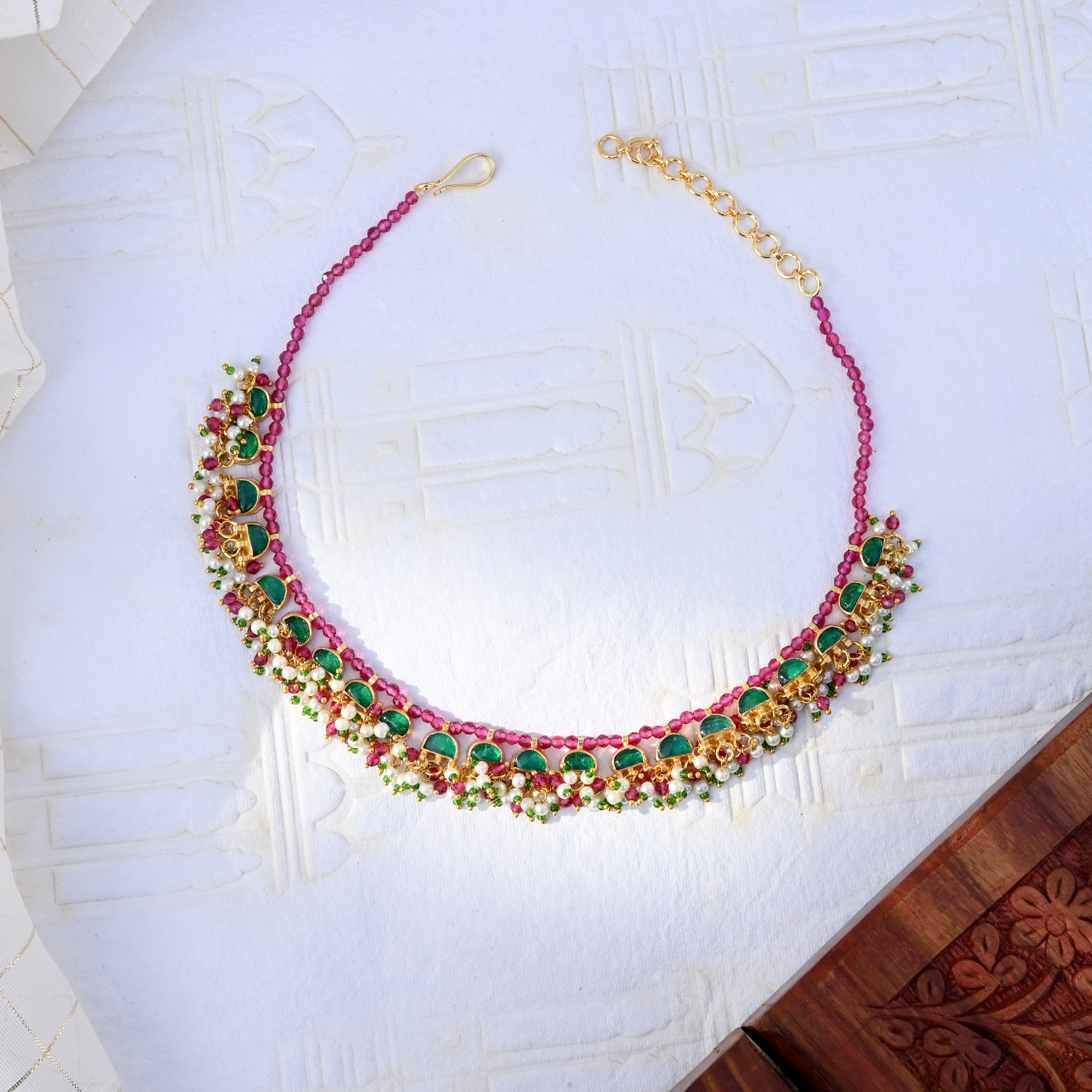 SJN1017- Pink and Green Gold Plated Jadau Kundan Necklace with Earrings