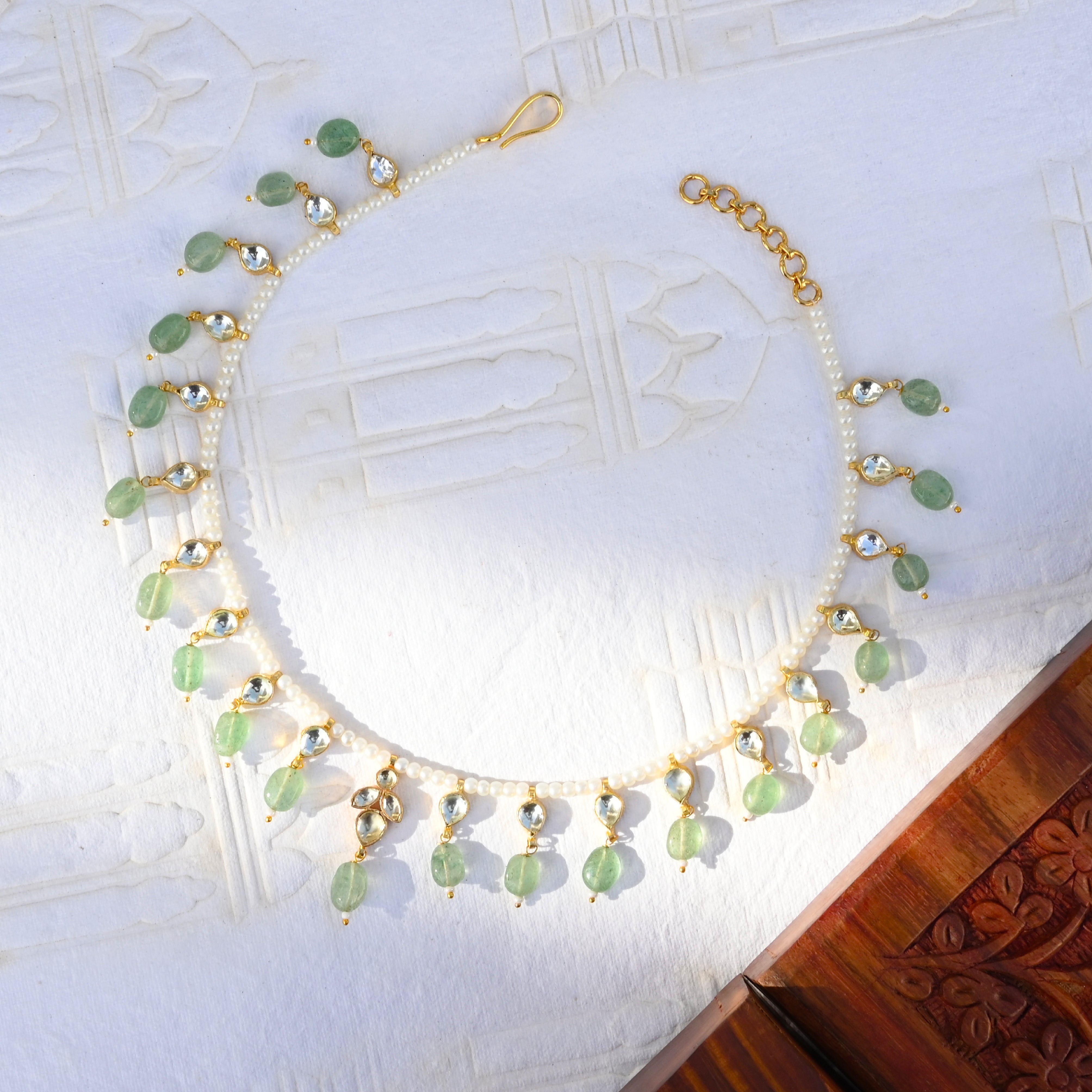 SJN1018- White and Mint Colour Gold Plated Jadau Kundan Necklace with Earrings