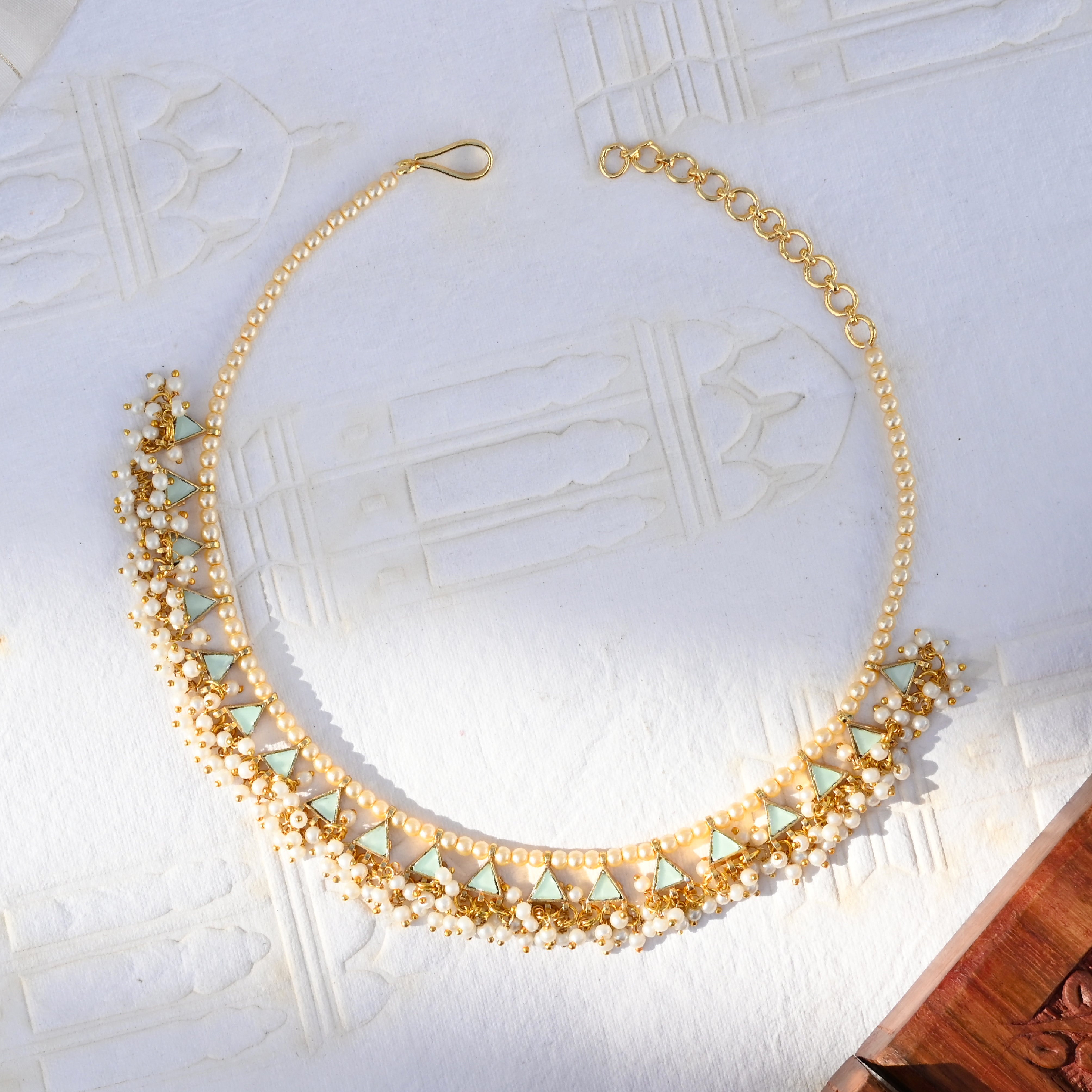 SJN1019- Mint and White Colour Gold plated Jadau Kundan Necklace with Earrings