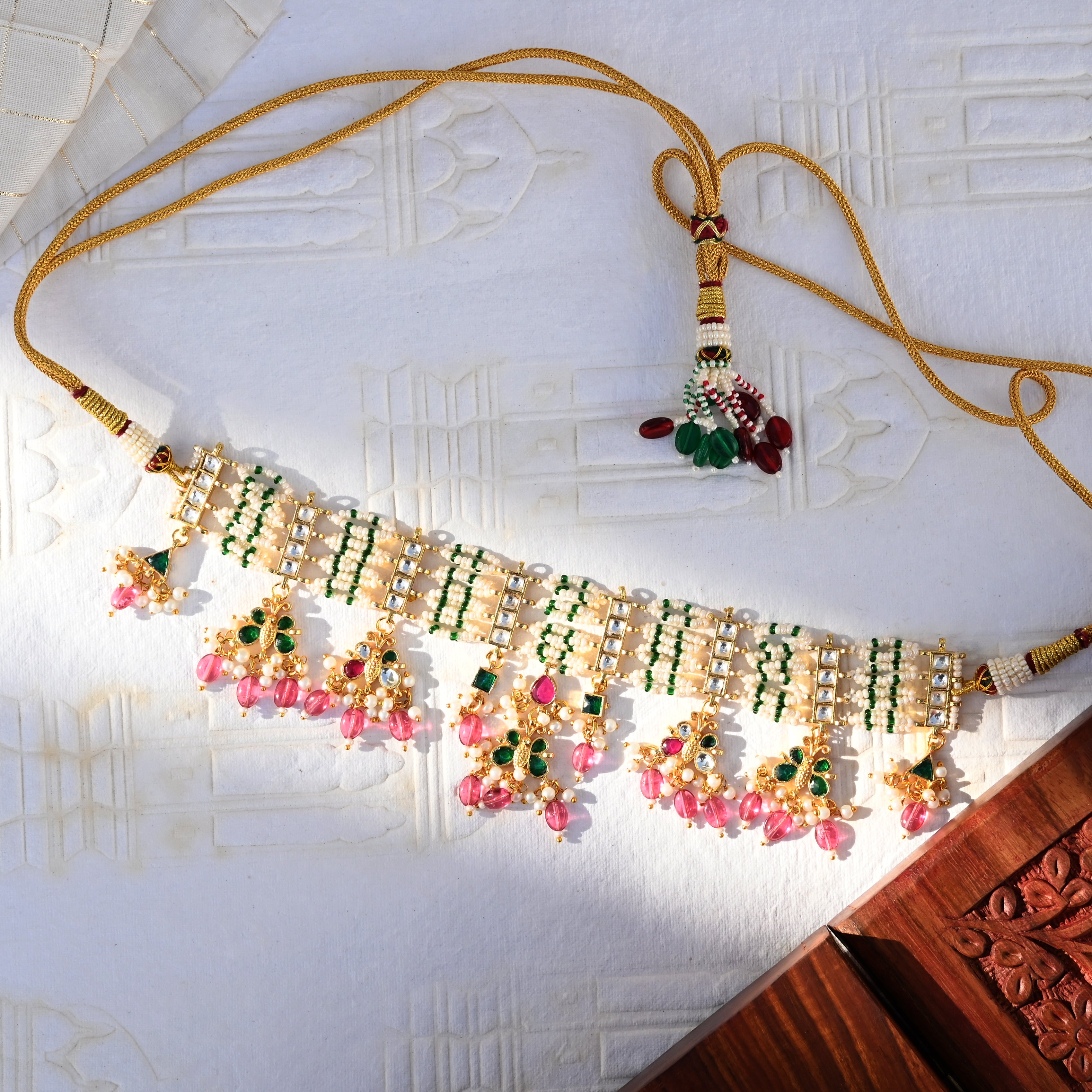SJN1054- Multi Colour Gold Plated Jadau Kundan Choker with Earrings