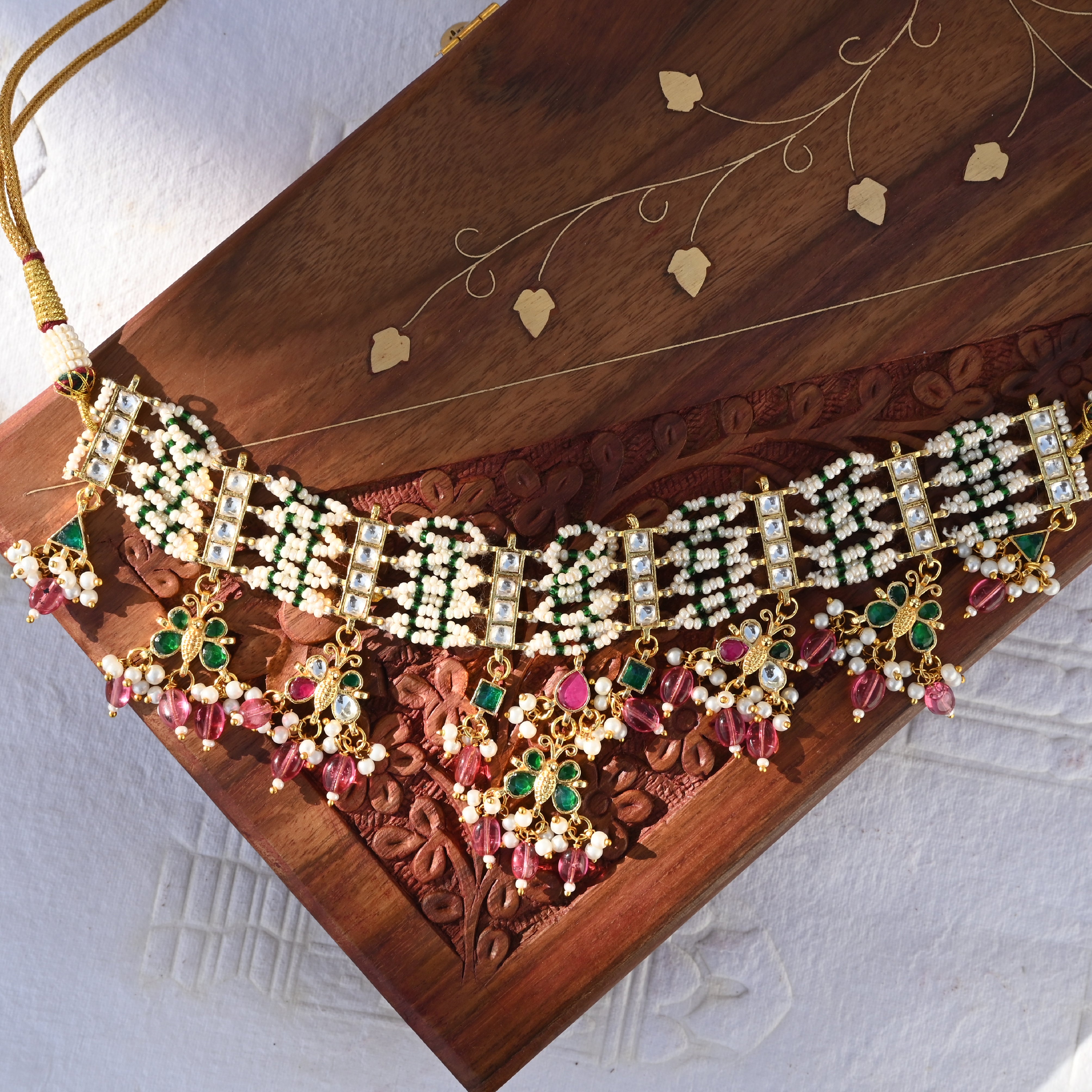 SJN1054- Multi Colour Gold Plated Jadau Kundan Choker with Earrings