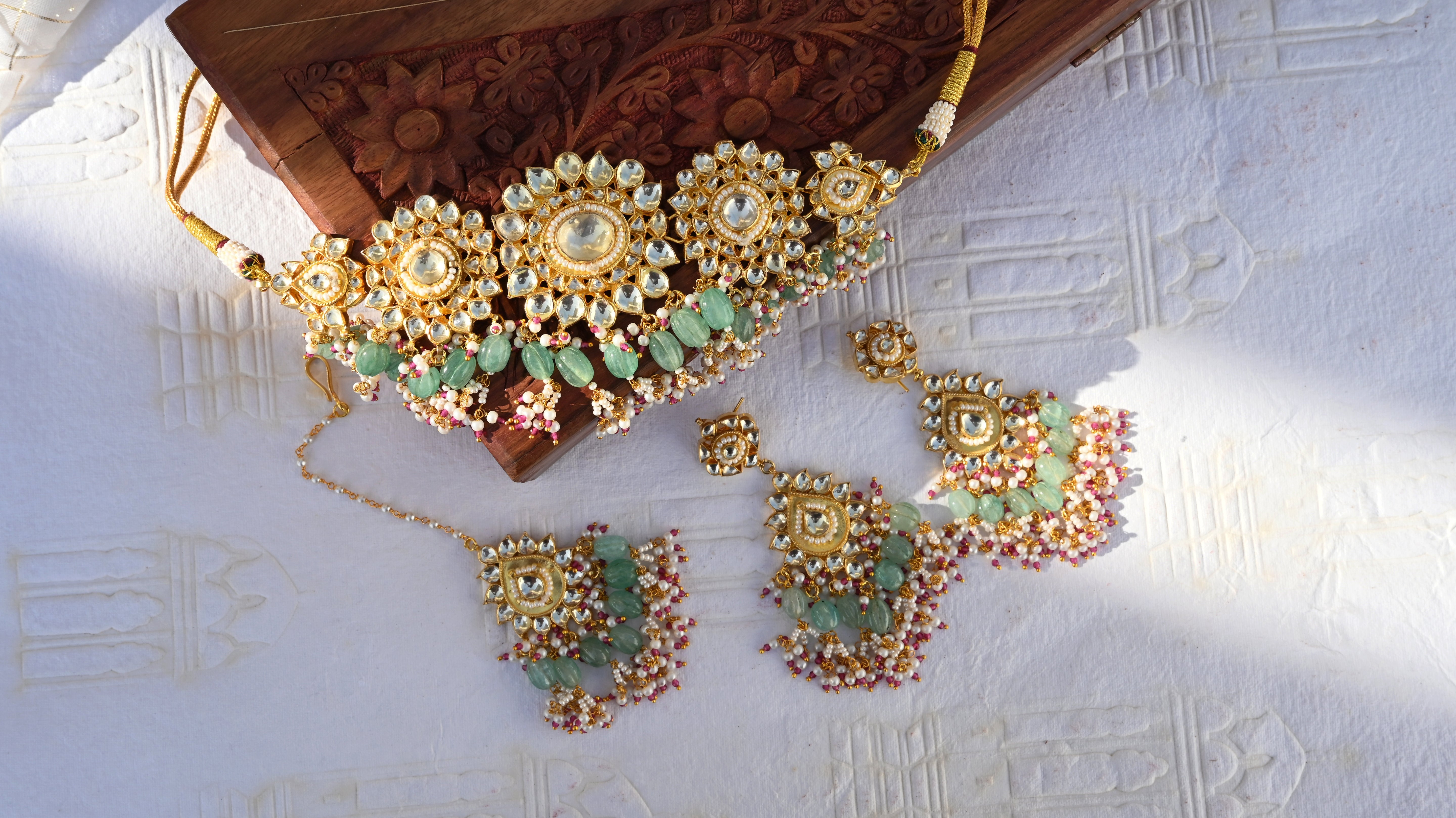 SJN1055- White Colour Gold Plated Jadau Kundan Choker with Earrings and Tika