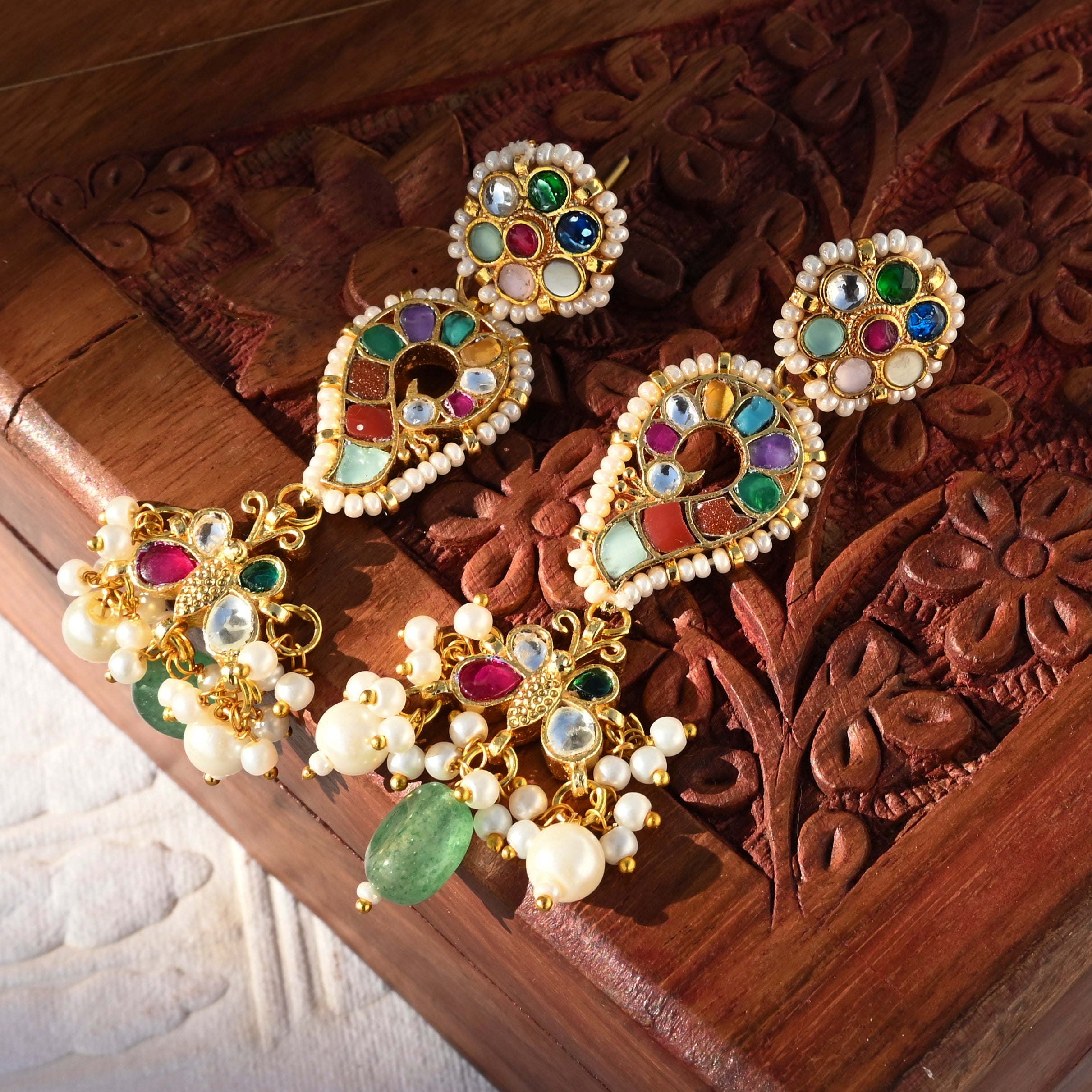 SJE1051- Multi Colour Gold Plated Jadau Kundan Peacock Motif Dangler Earrings