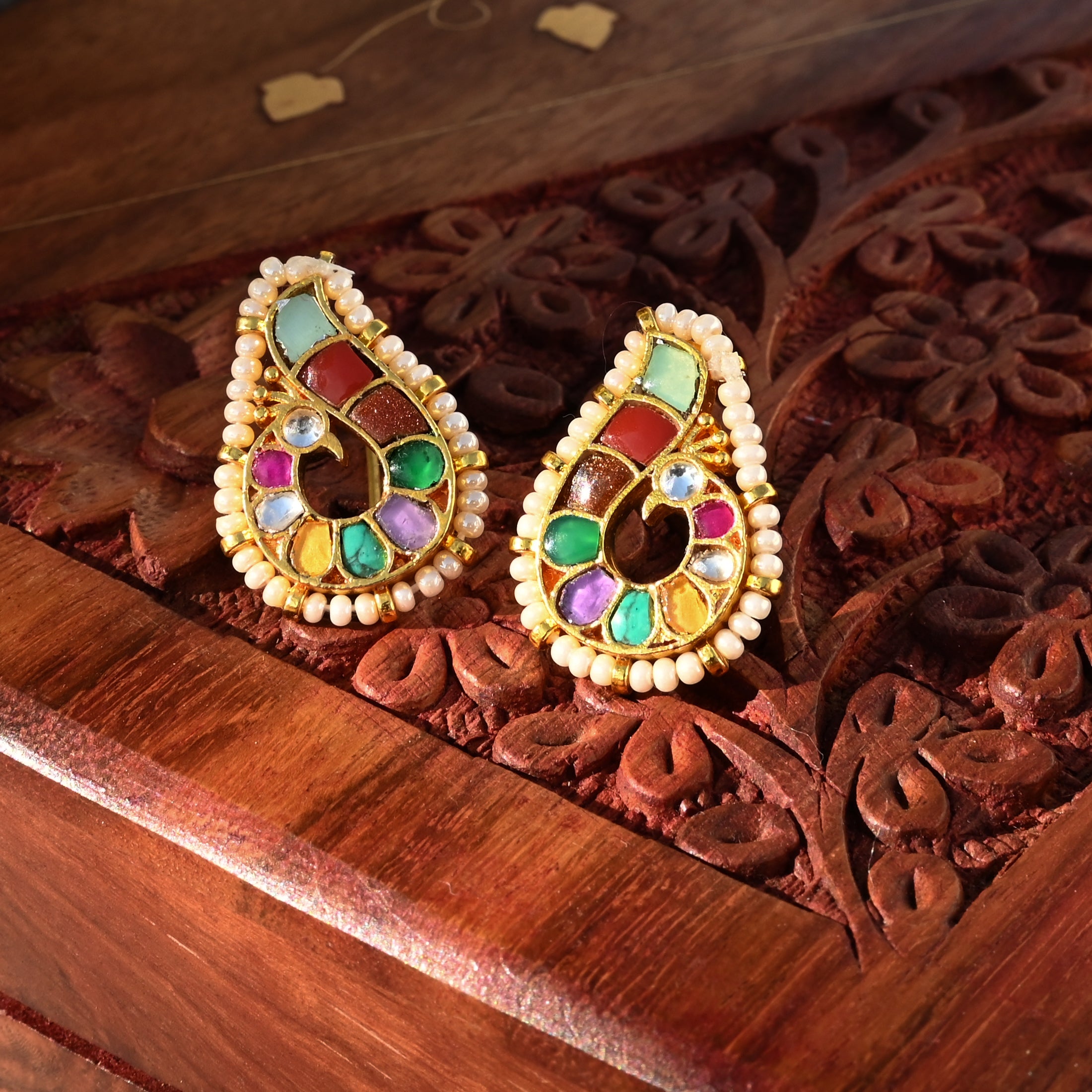 SJE1052- Multi Colour Gold Plated Jadau Kundan Peacock Motif Studs Earrings
