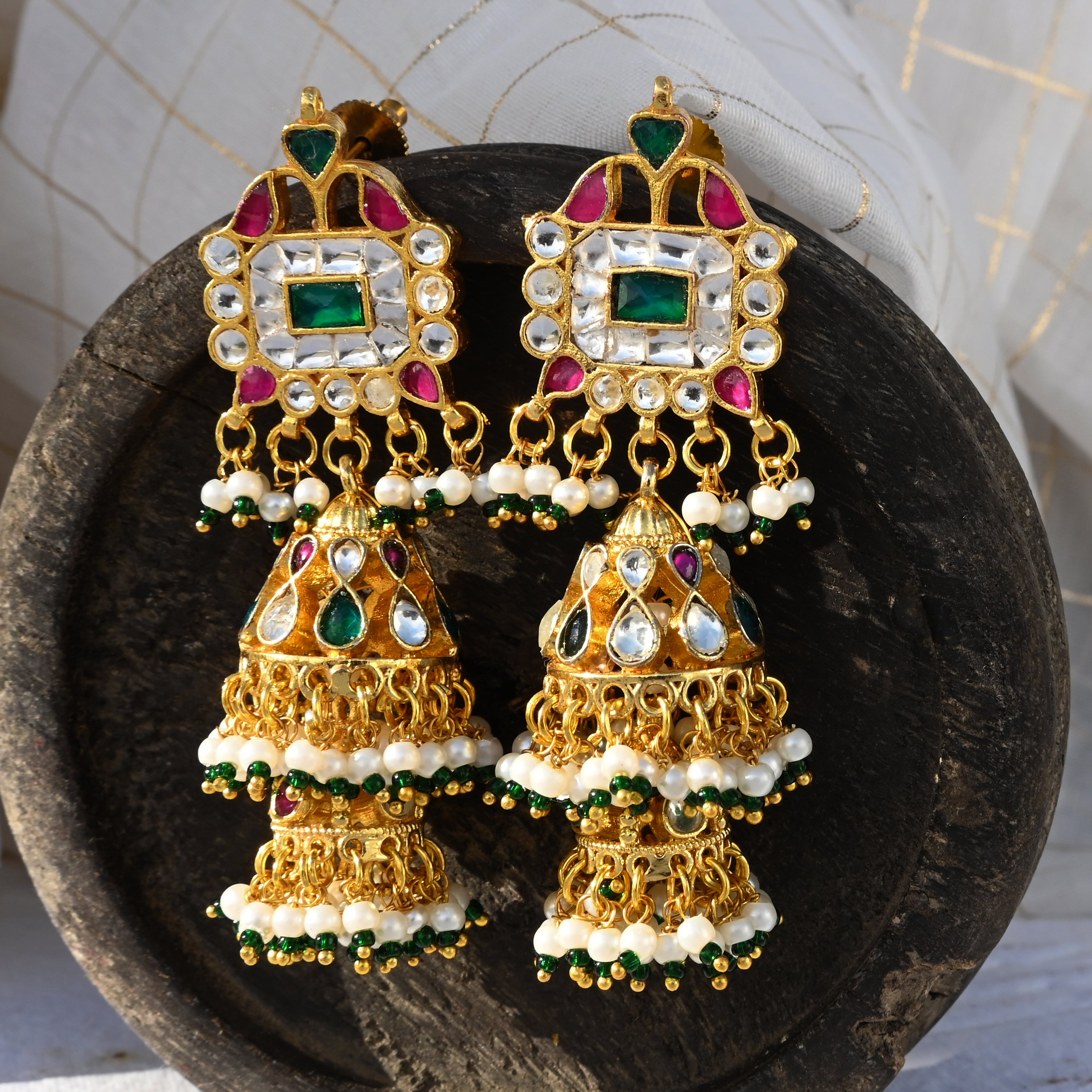 SJE1054- Multi Colour Gold Plated Jadau Kundan Jhumki Earrings