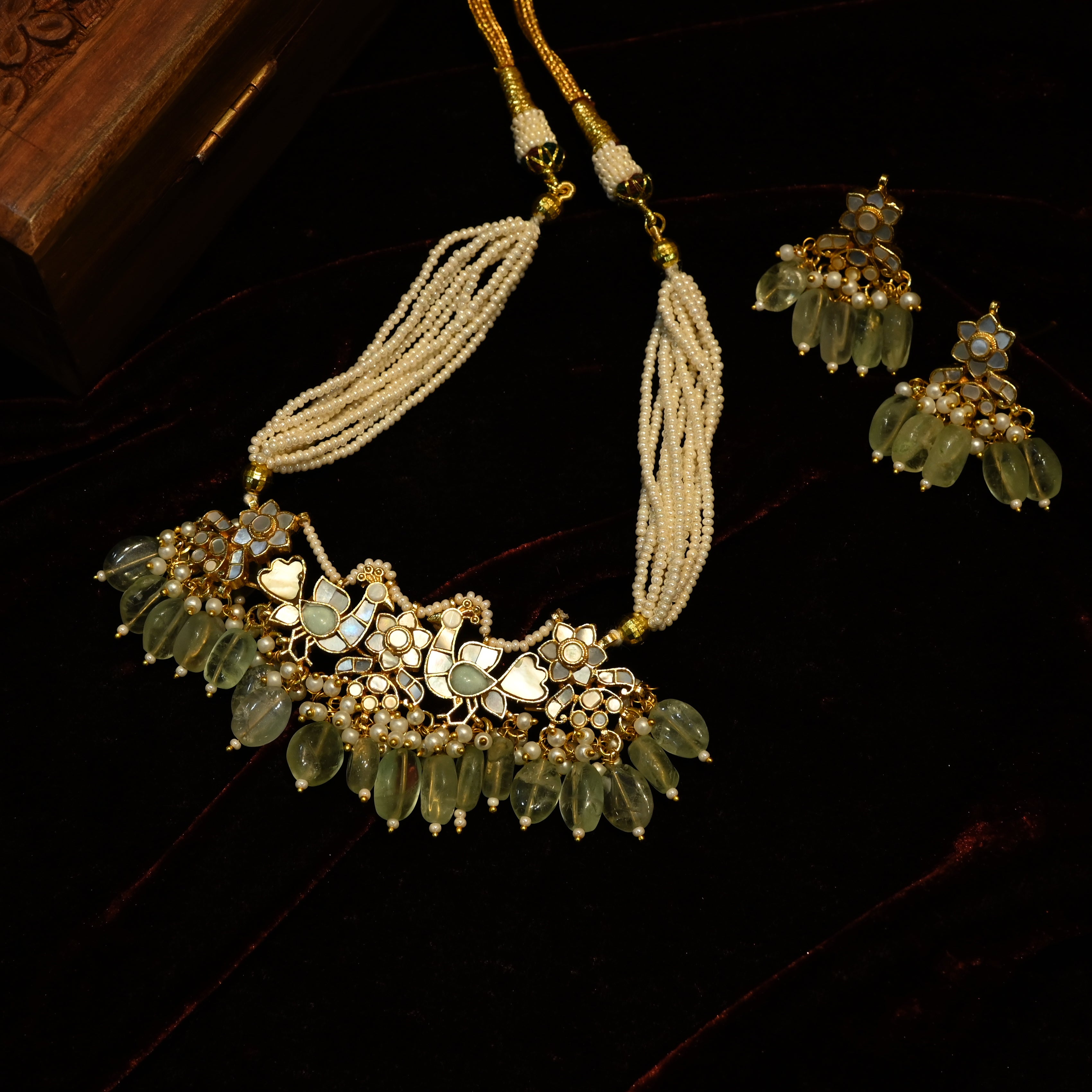 SJC1013- White and Mint Colour Gold Plated Jadau Kundan Choker With Earrings