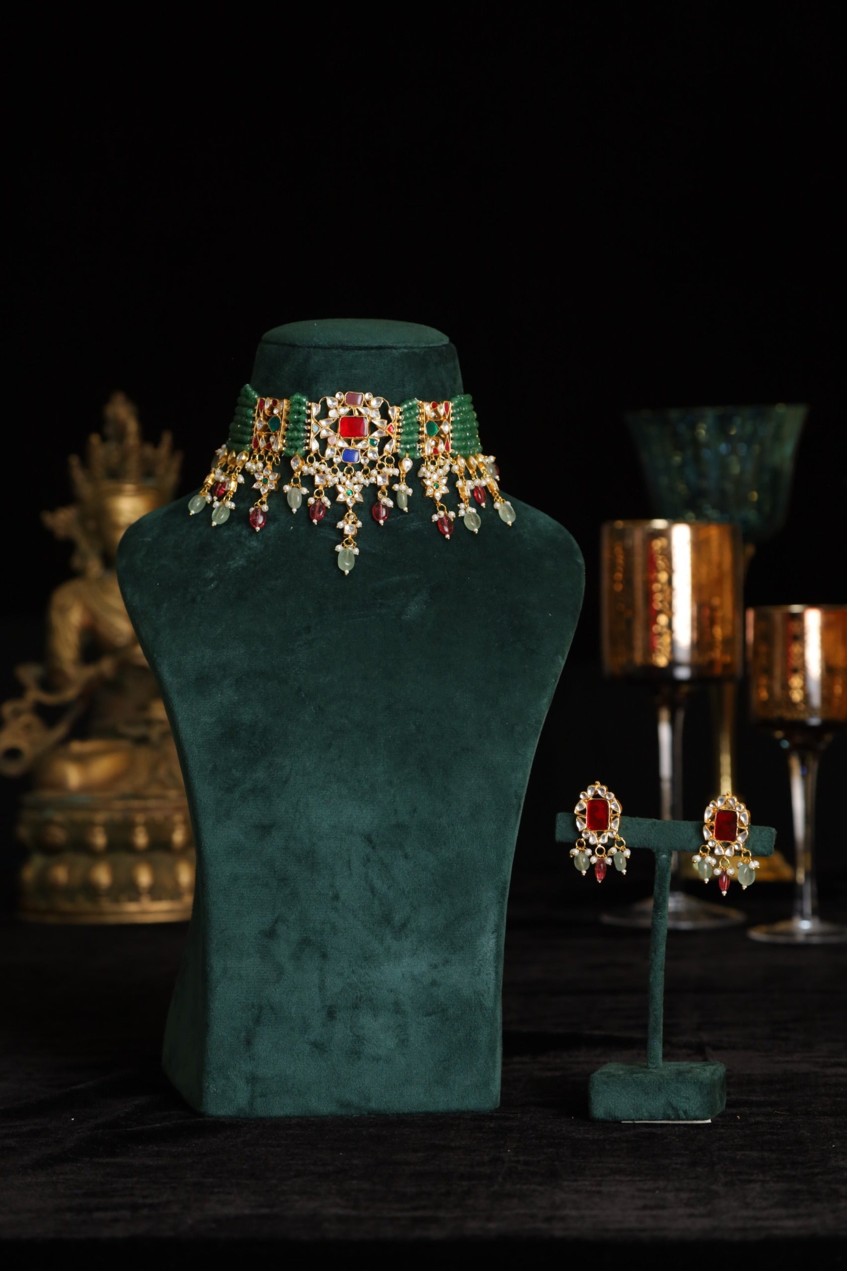 SJN1197- Multi Colour Gold Plated Jadau Kundan Choker with Earrings