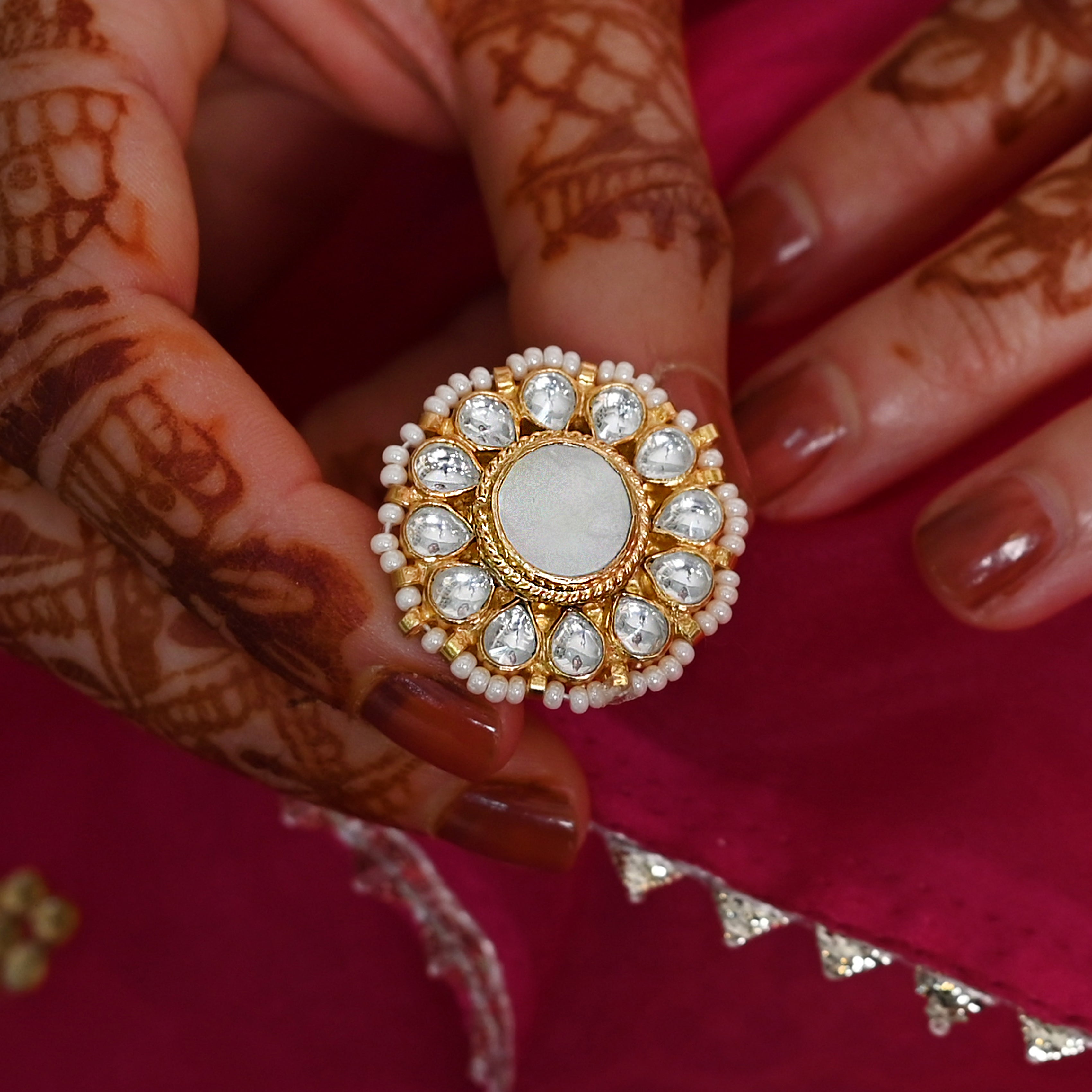 SJR0014- White Colour Gold Plated Jadau Kundan Ring
