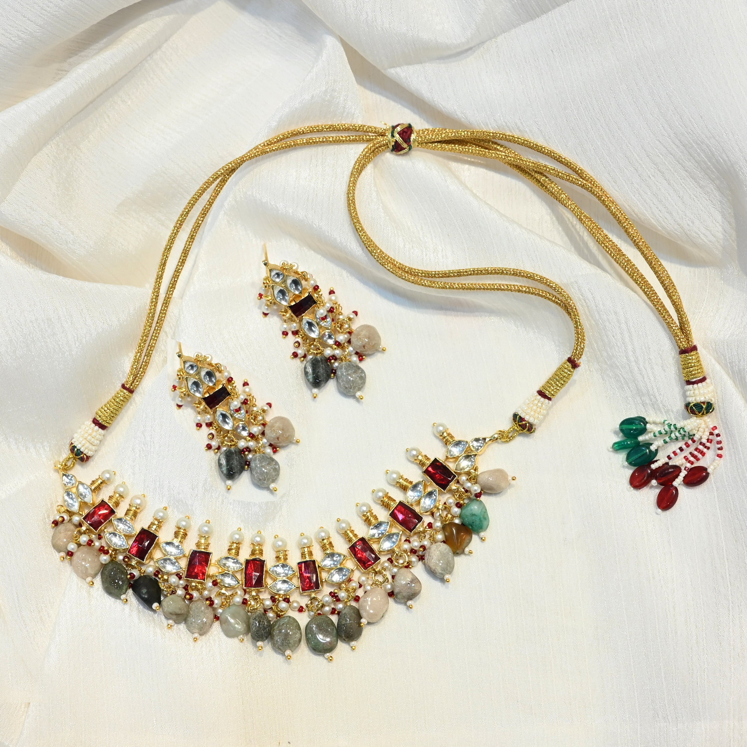 SJN1059- Ruby and White Colour Gold Plated Jadau Kundan Choker With Earrings
