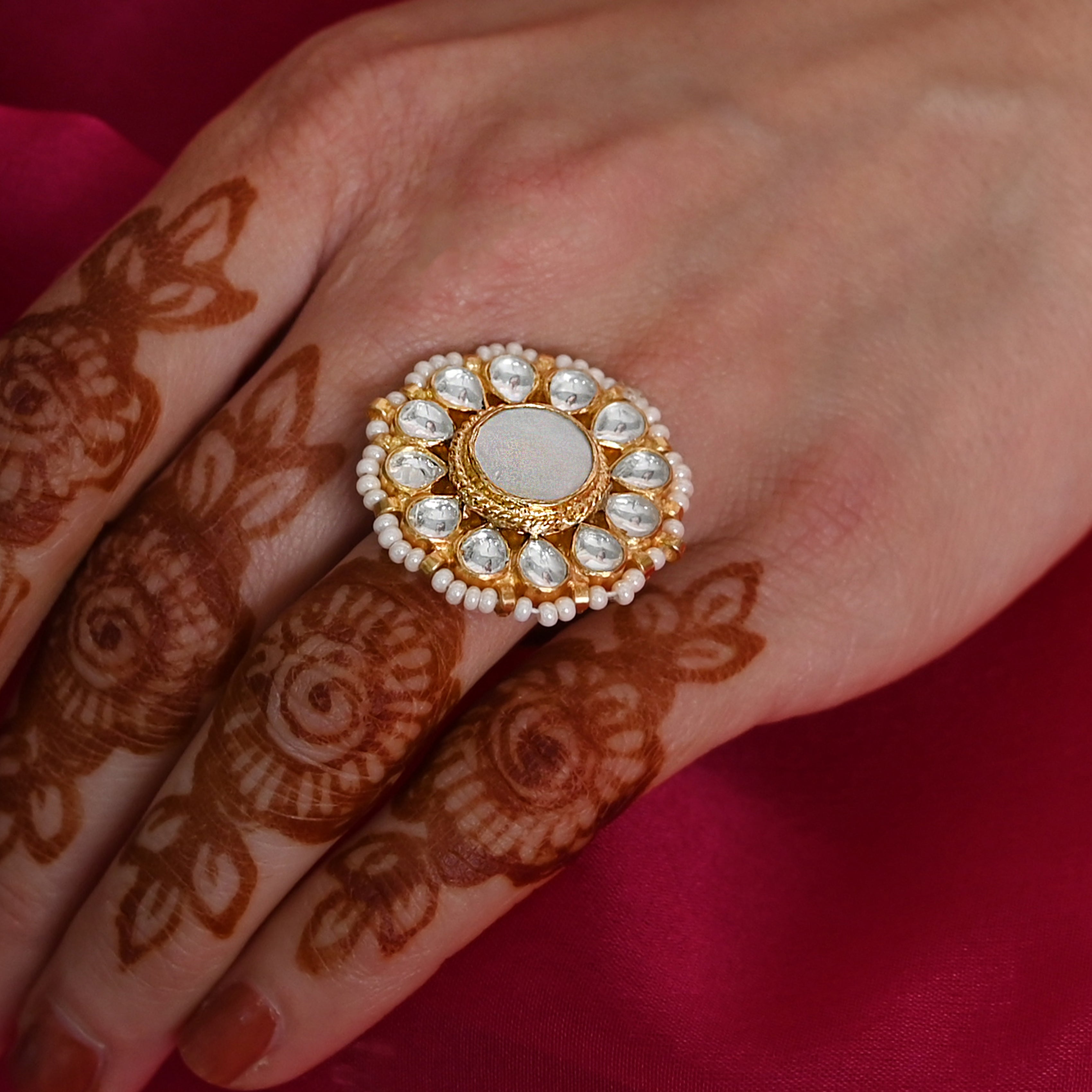 SJR0014- White Colour Gold Plated Jadau Kundan Ring