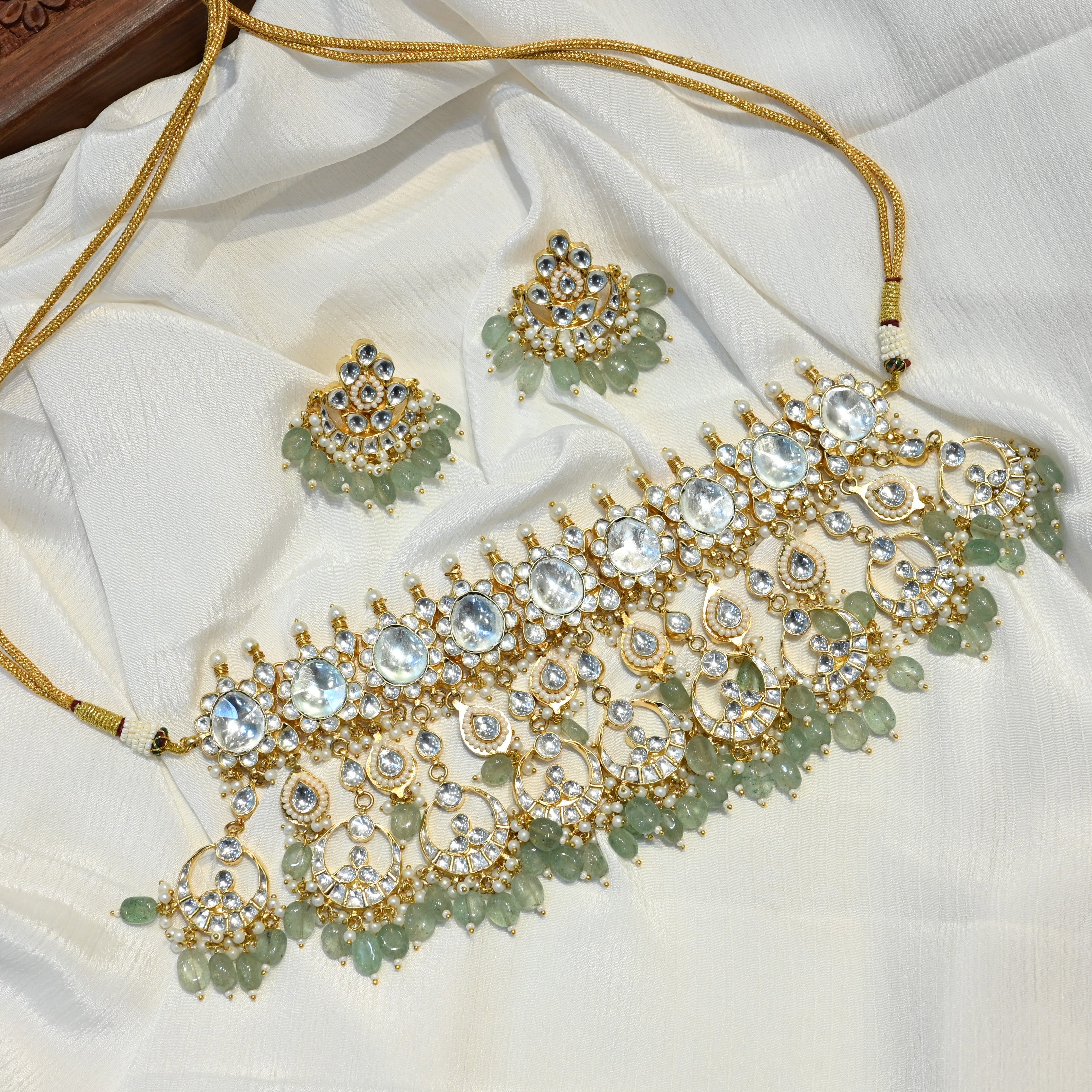 SJN1081- White Colour Gold Plated Jadau Kundan Necklace With Earrings