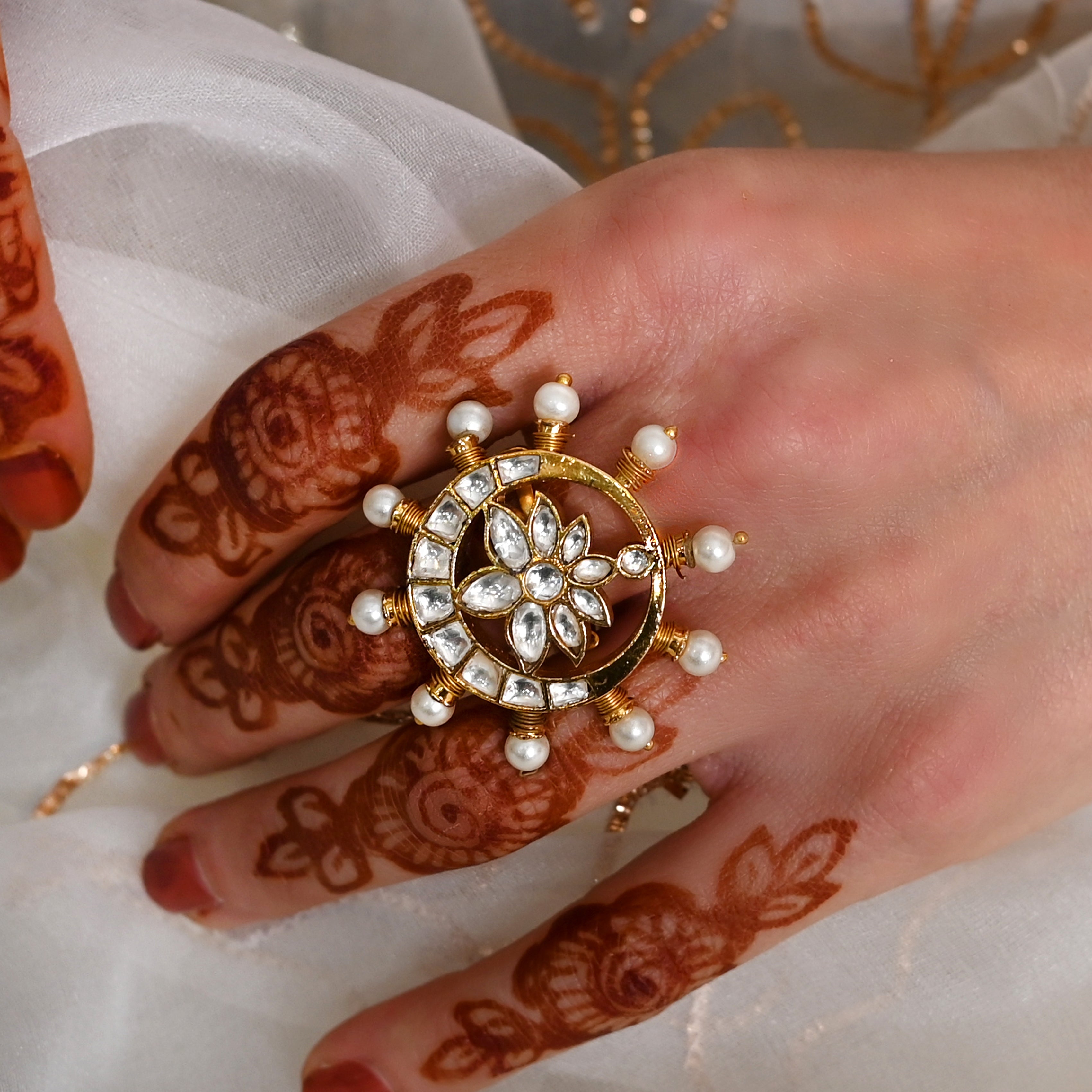 SJR0015- White Colour Gold Plated Jadau Kundan Ring