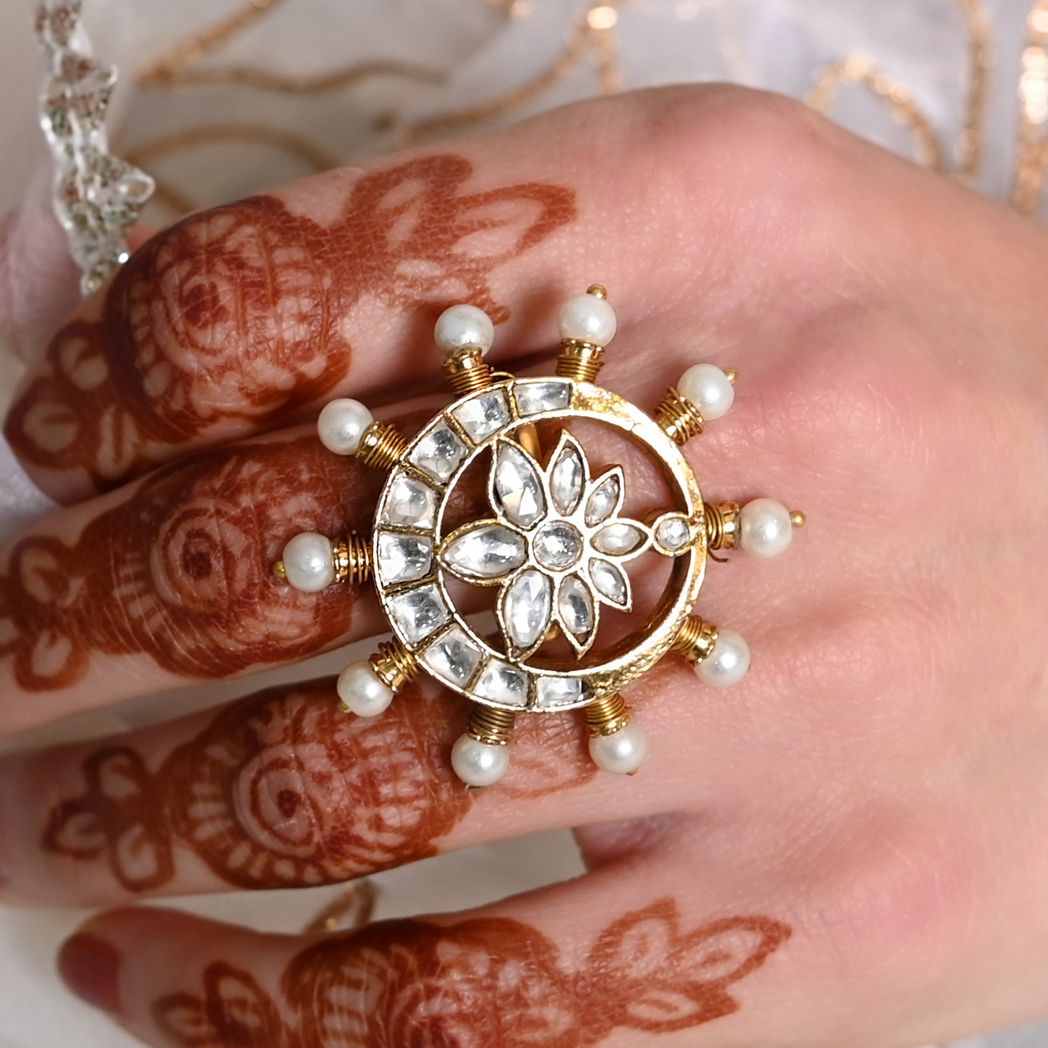 SJR0015- White Colour Gold Plated Jadau Kundan Ring