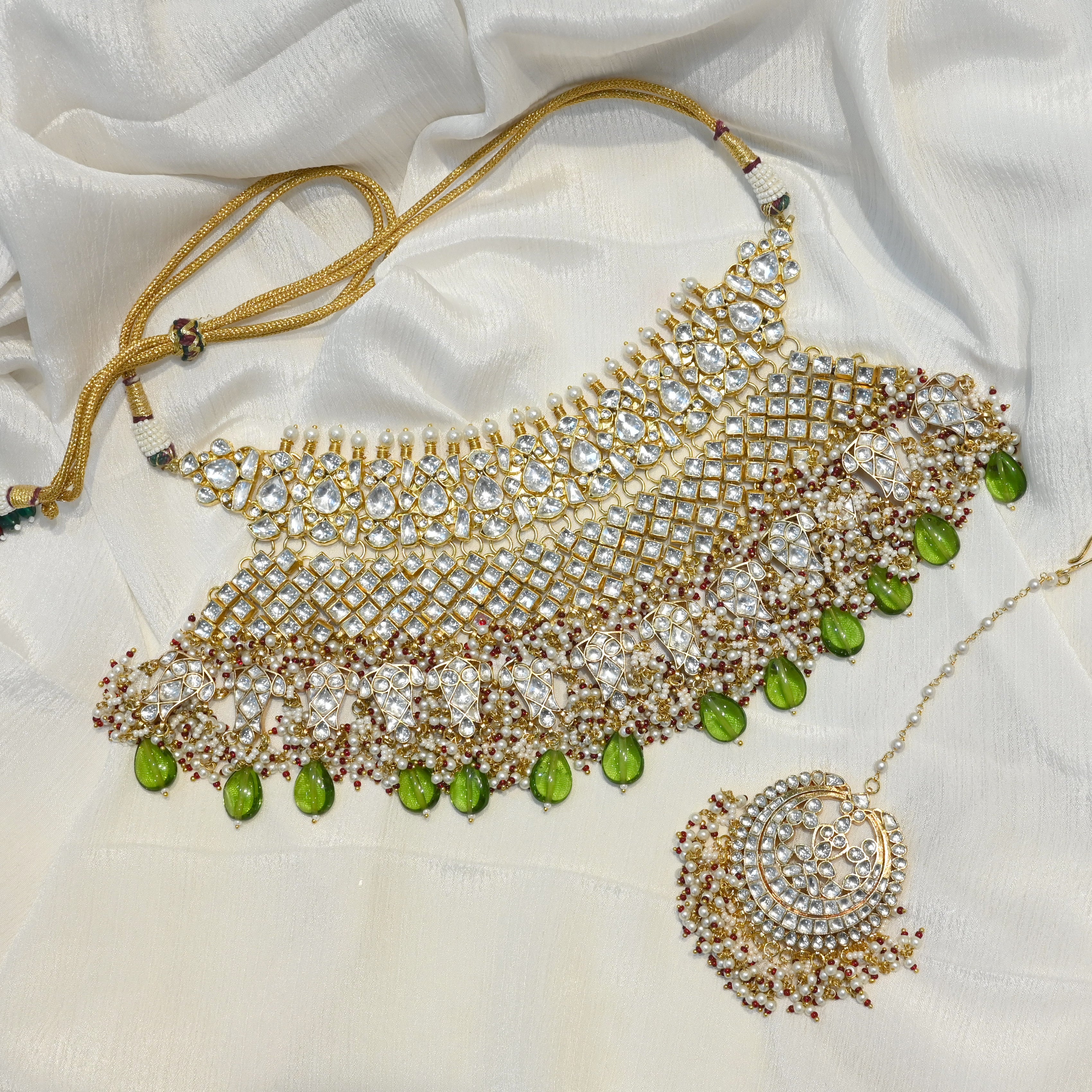 SJN1107- White Colour Gold Plated Jadau Kundan Necklace With Earrings and Tika