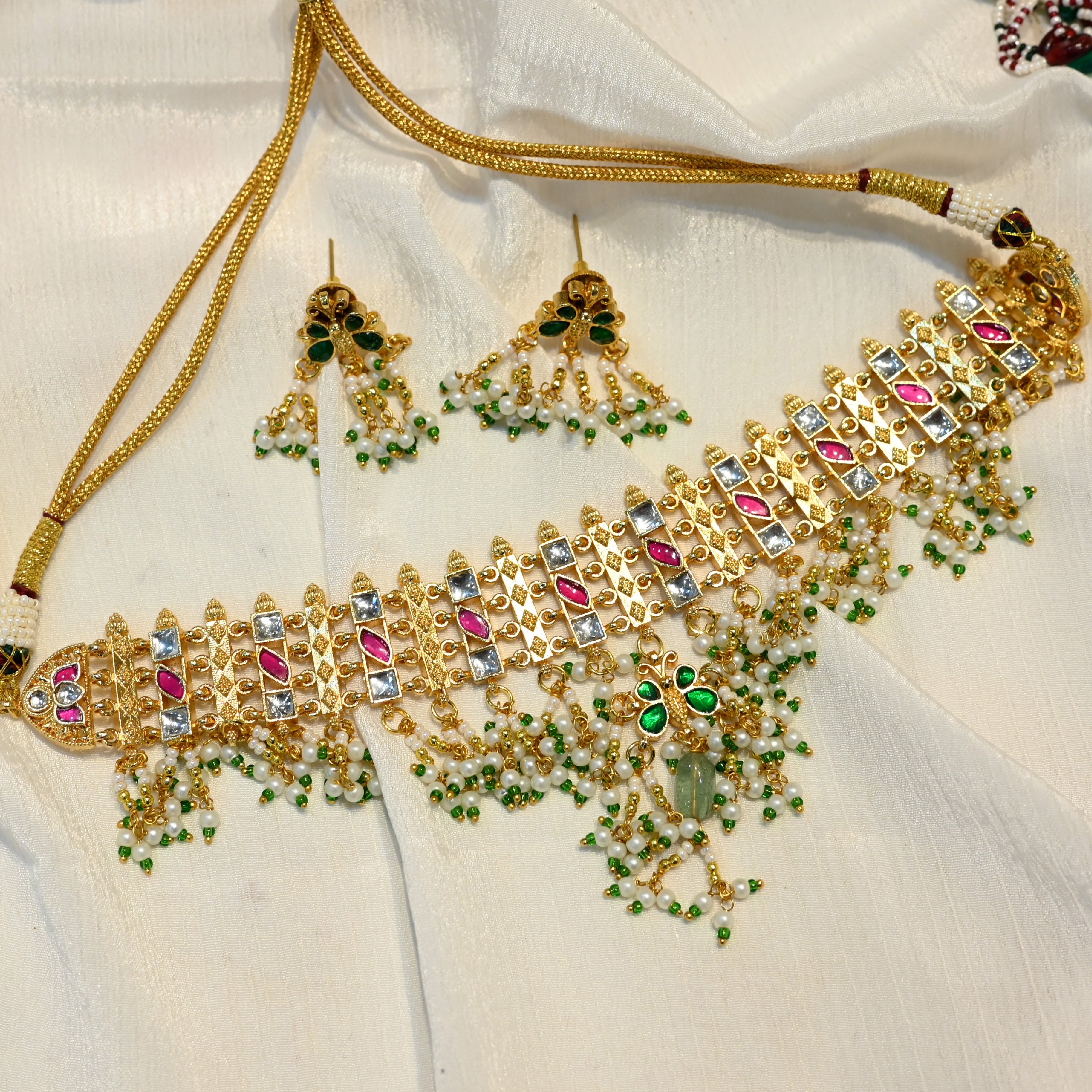 SJN1108- Multi Colour Gold Plated Jadau Kundan Choker With Earrings
