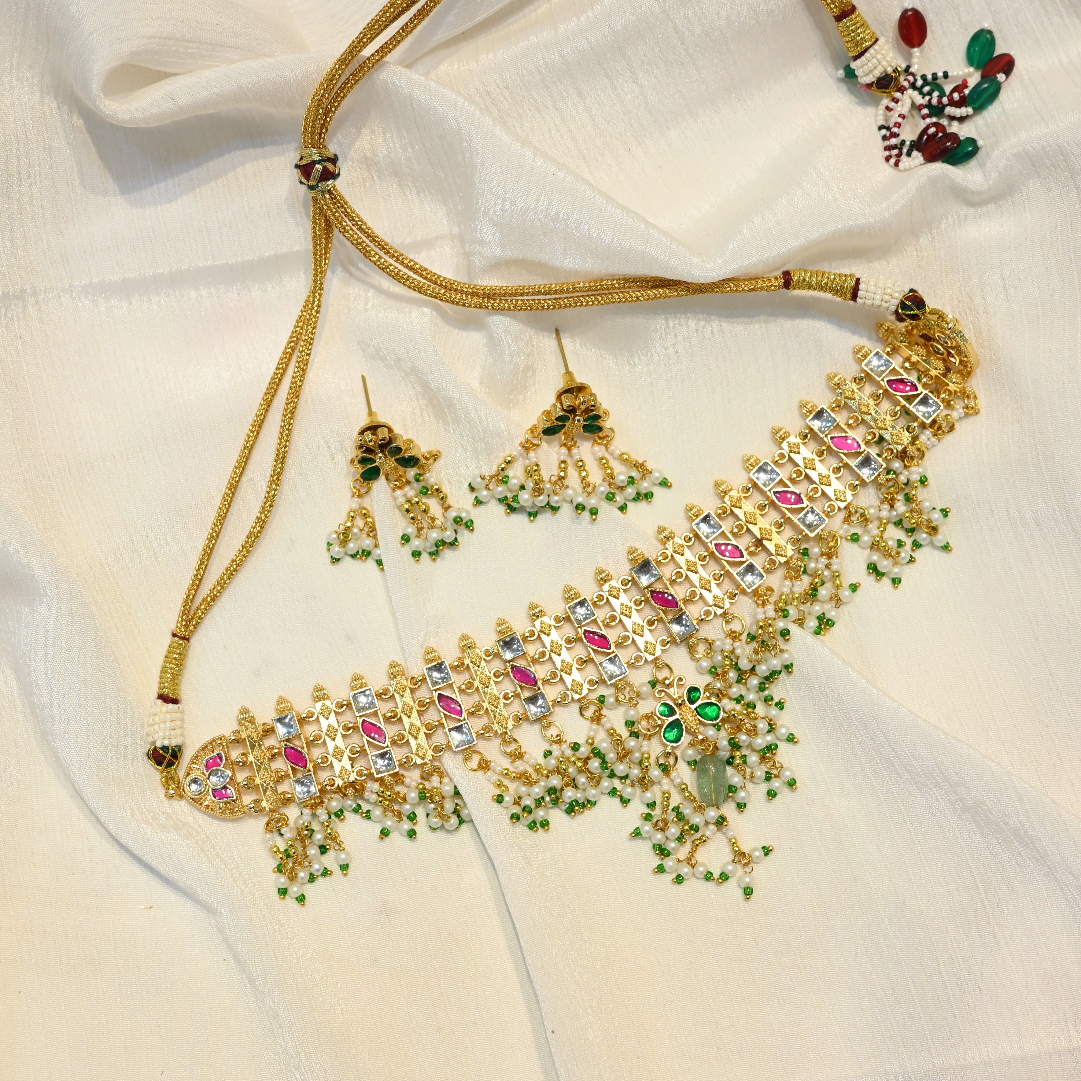 SJN1108- Multi Colour Gold Plated Jadau Kundan Choker With Earrings