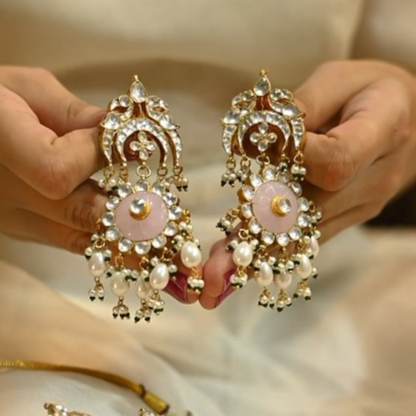 SJN1031- Pink and White Colour Gold Plated Jadau Kundan Necklace with Earrings