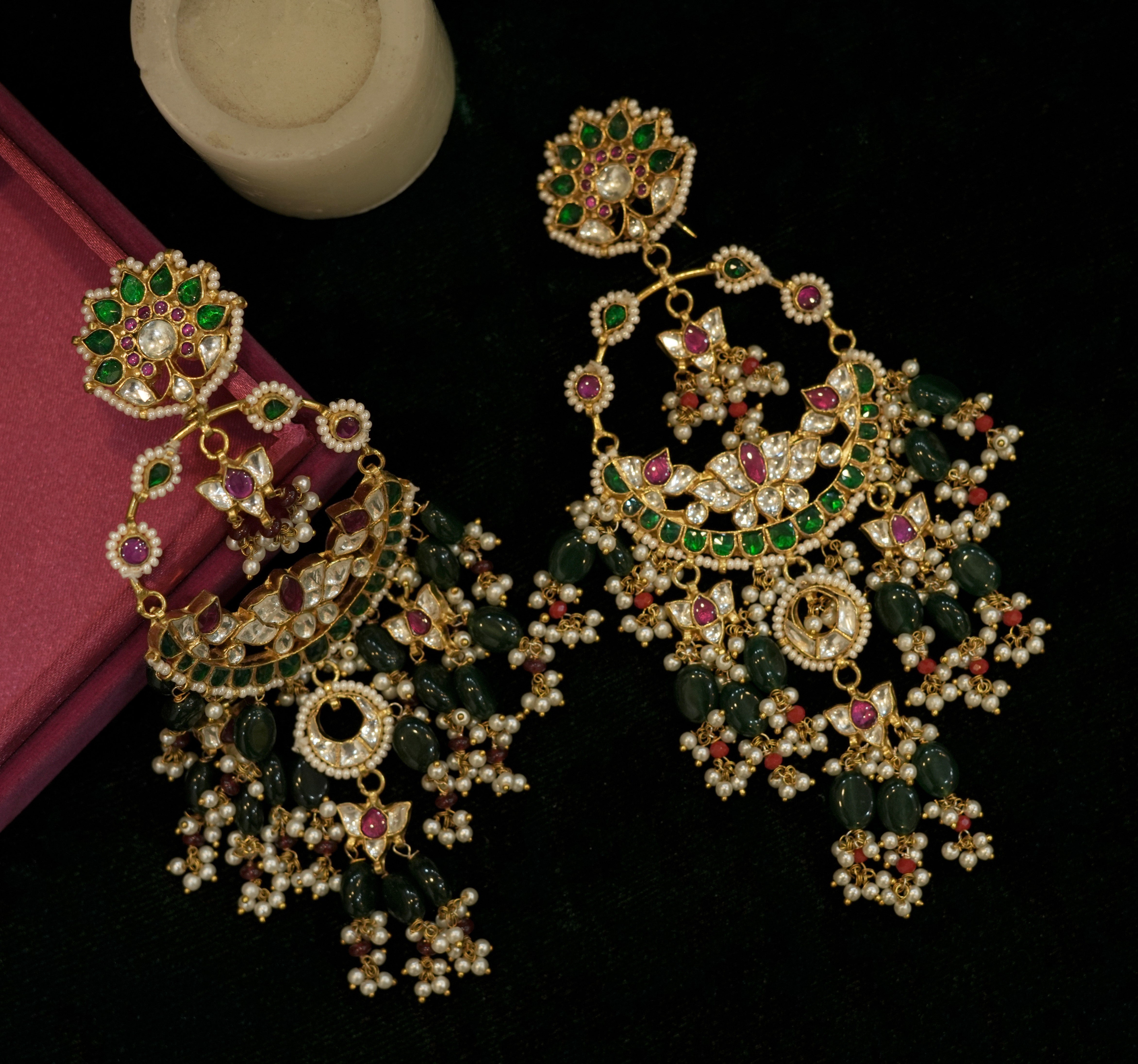 SJE1044- Multi Colour Gold Plated Jadau Kundan Chandbali Earrings